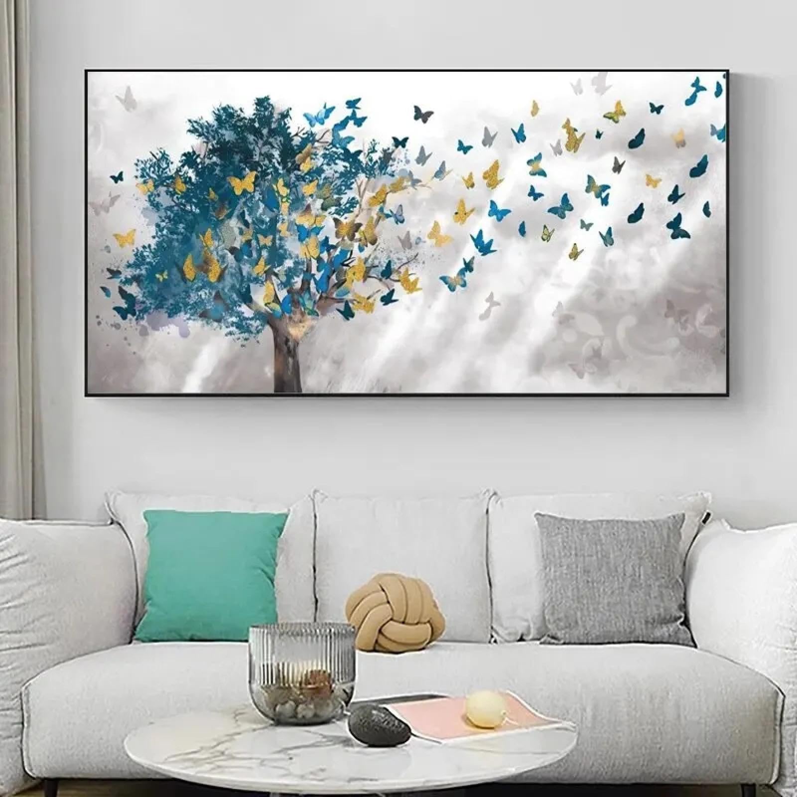FKKJPJ Nordic Wall Painting Abstract Blue Tree Butterfly Oil Painting Wall Art Poster Living Room Modern Home Wall Decoration 24x47in-60x120cm with frame