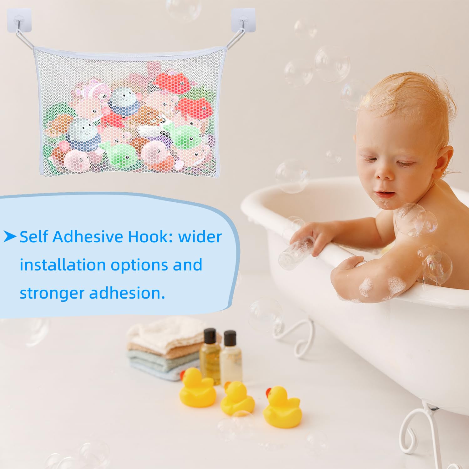 Red de Almacenamiento para Juguetes de Baño (35x45cm) con Ventosas y Ganchos Adhesivos, Organizador Juguetes Niños, Bolsa de Malla para Baño y Bebés