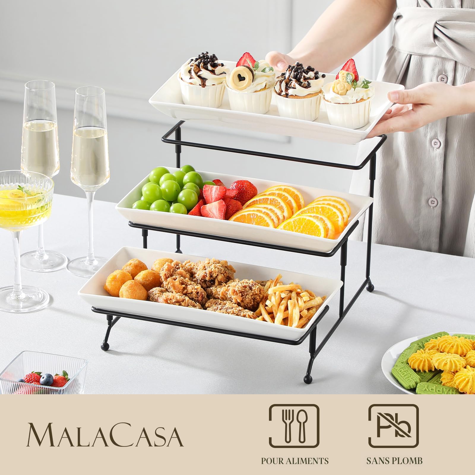 Plateau Compartimenté En Porcelaine MALACASA – Idéal Pour Apéritifs, Frites, Fruits, Légumes Et Snacks | Pratique Et élégant Pour Vos Soirées