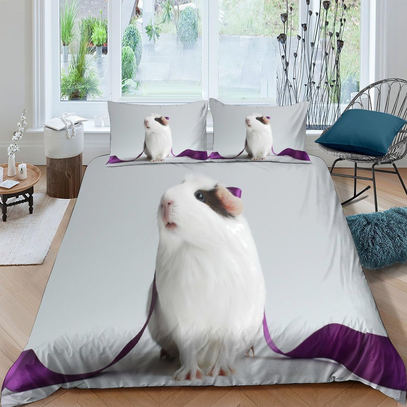 TUFRTGYHN 3D Printed Guinea Pig Duvet Cover Microfiber Soft Breathable Cute Animal Bedding Set with 2 Pillowcases for Bedroom Decor Single（135x200cm）