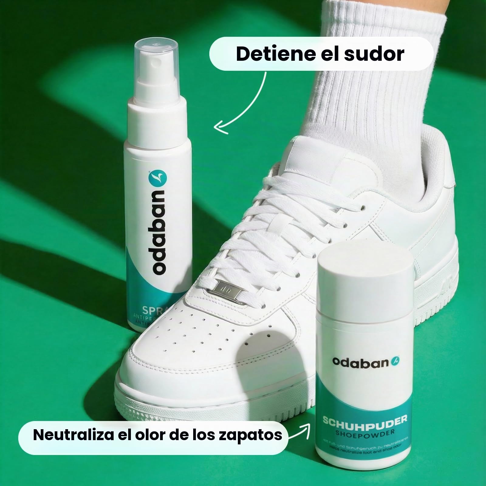 odaban® Set con spray sin perfume 30 ml y polvo para pies de menta 50 g | Spray corporal sin perfume de 30 ml y polvo de 50 g para pies y calzado, formatos complementarios para cuerpo y pies