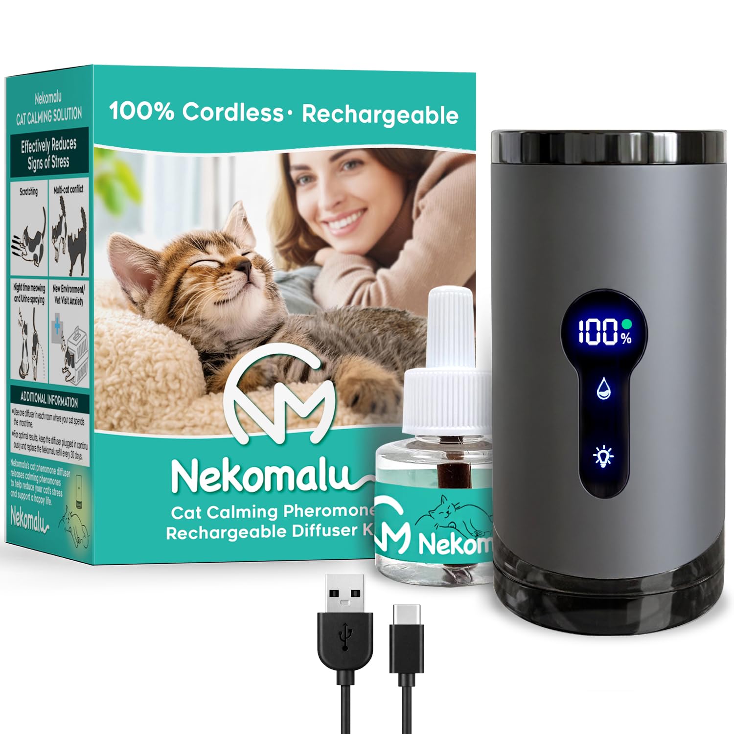 Nekomalu 60 Day Rechargeable Cat Calming Pheromone Diffuser Kit [Japanese Vet Developed] Cordless, Stress Relief for Urine Marking, Scratching, Fighting & Anxiety