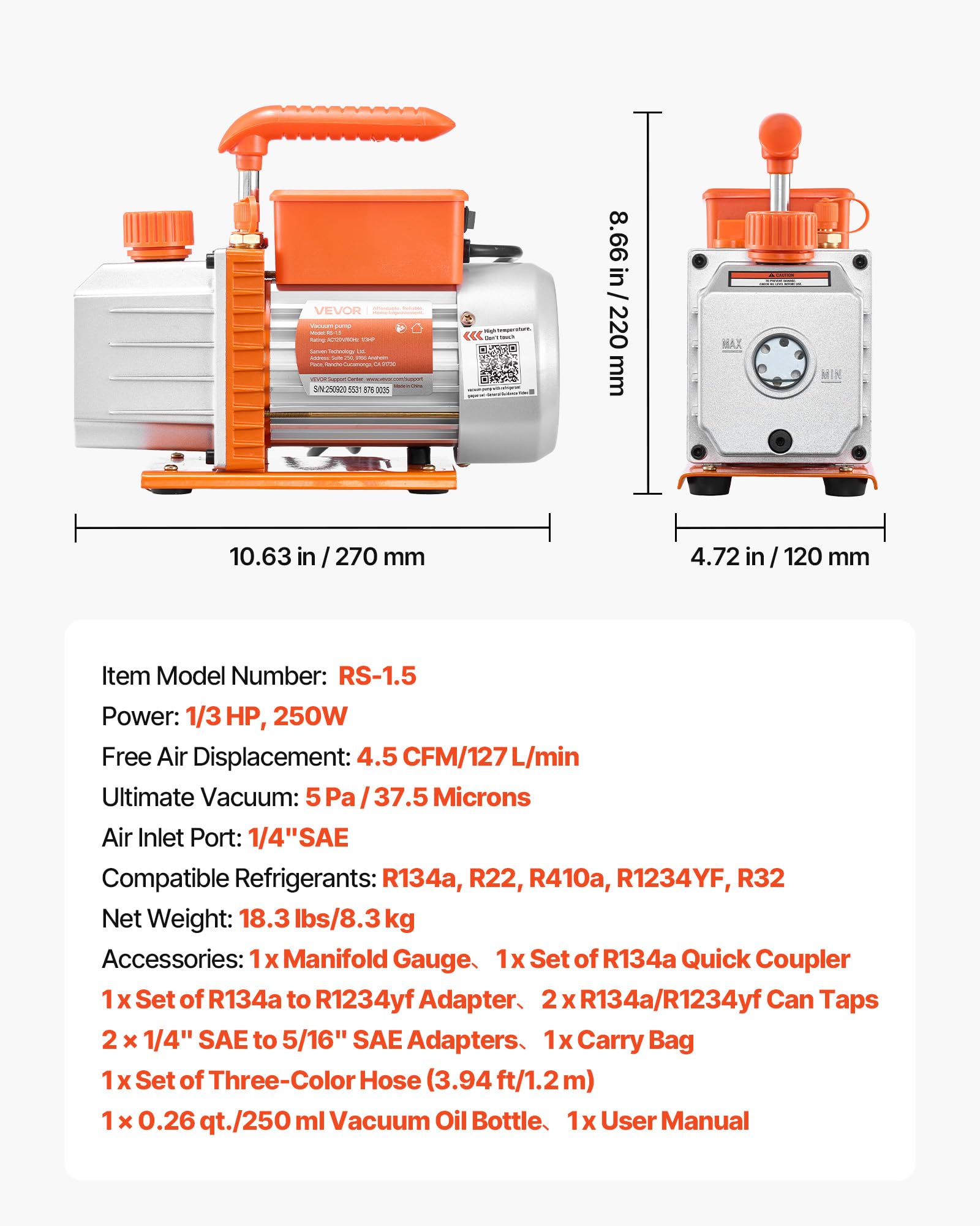 VEVOR Set Pompa per Vuoto e Manometro AC 4,5 CFM 127 L/min, Pompa per Vuoto HVAC a Palette Rotanti Monostadio, Kit Manometro per R134a R22 R410a R1234YF R32, con per HVAC per Auto