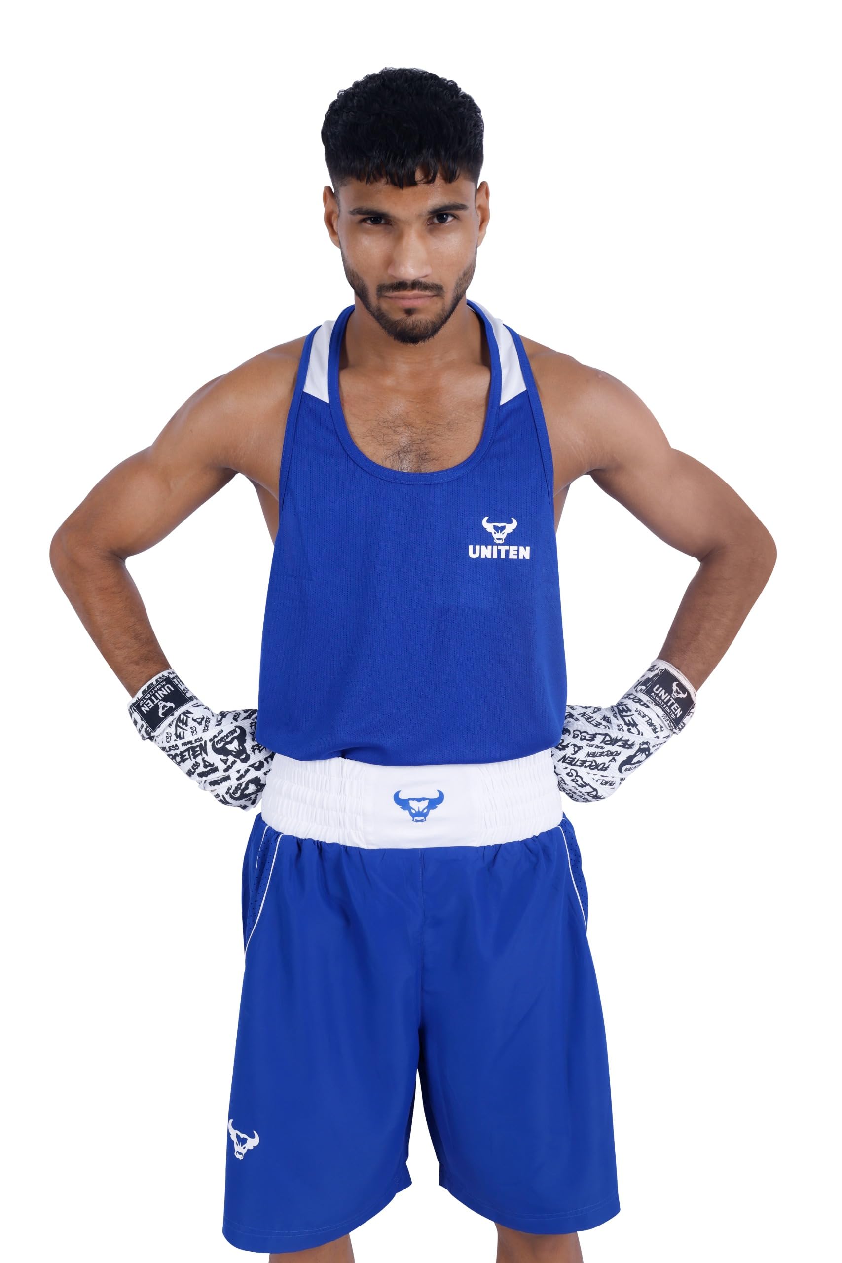 UNITEN Men Boxing Set | Tank Top and Shorts | Boxing Clothes | Boxing Vest & Shorts Set (Blue, S)