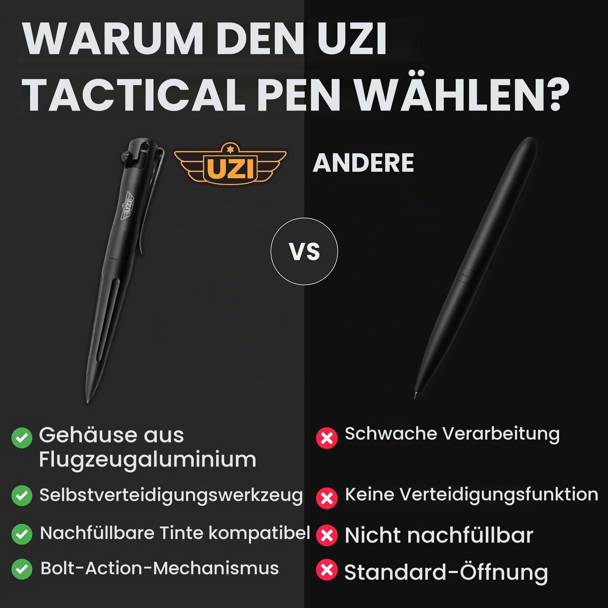 UZI Tactical Pen UZI-TACPEN2-BK Flugzeug Aluminium Selbstverteidigung BestTactical Pen Multi-Tool Überlebens Defender Tool w/Glasbrecher, Real Kugelschreiber Miltary und Polizei EDC -schwarz