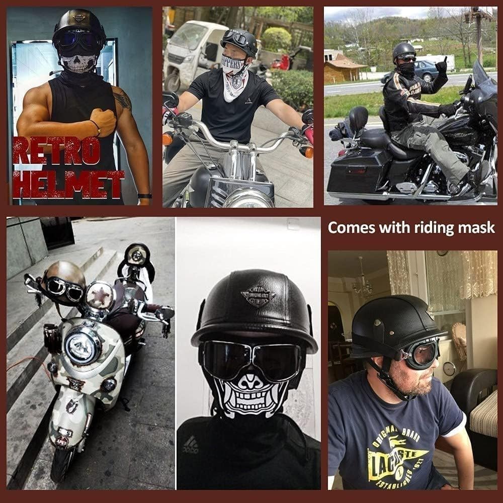 Vintage Deutsche Motorrad Halbhelme Halbschalenhelm mit DOT/ECE, Jethelm Retro, Chopperhelm, Retro Motorradhelm, Rollerhelm, Offener Helm, mit Sonnenbrille, Schnellverschluss E,L=59-60cm