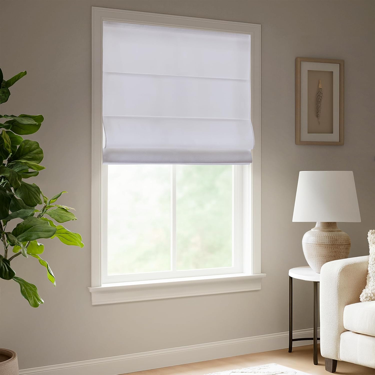 Madison Park Galen Matte White Cordless Roman Shades - Fabric Privacy Single Panel Darkening, Energy Efficient, Thermal Insulated Window Blind Treatment, for Home, Living Room Decor, 35" W x 64" H Room Darkening Basketweave Matte White 35"W x 64"H