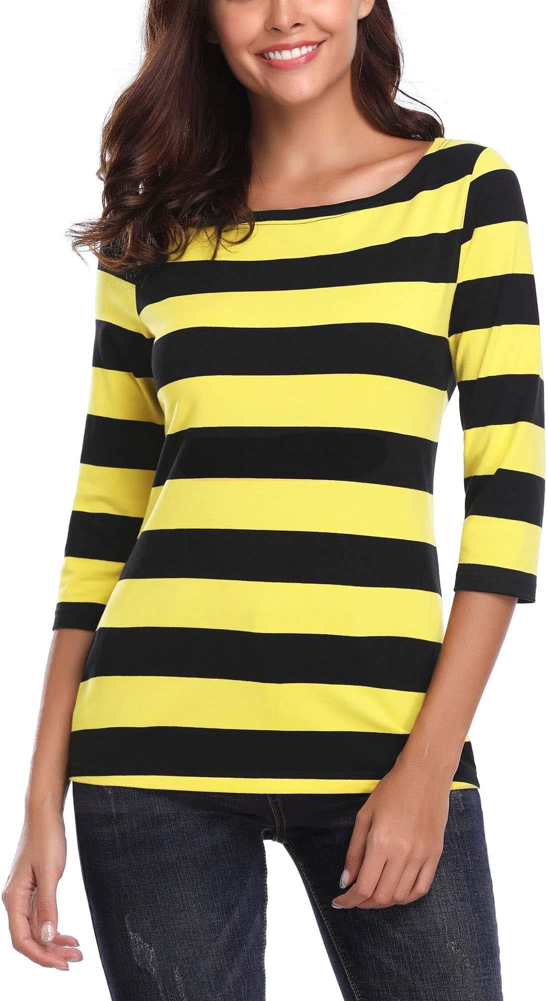 FENSACEWomens 3/4 Sleeve Round Neck Casual Stripes T-Shirt