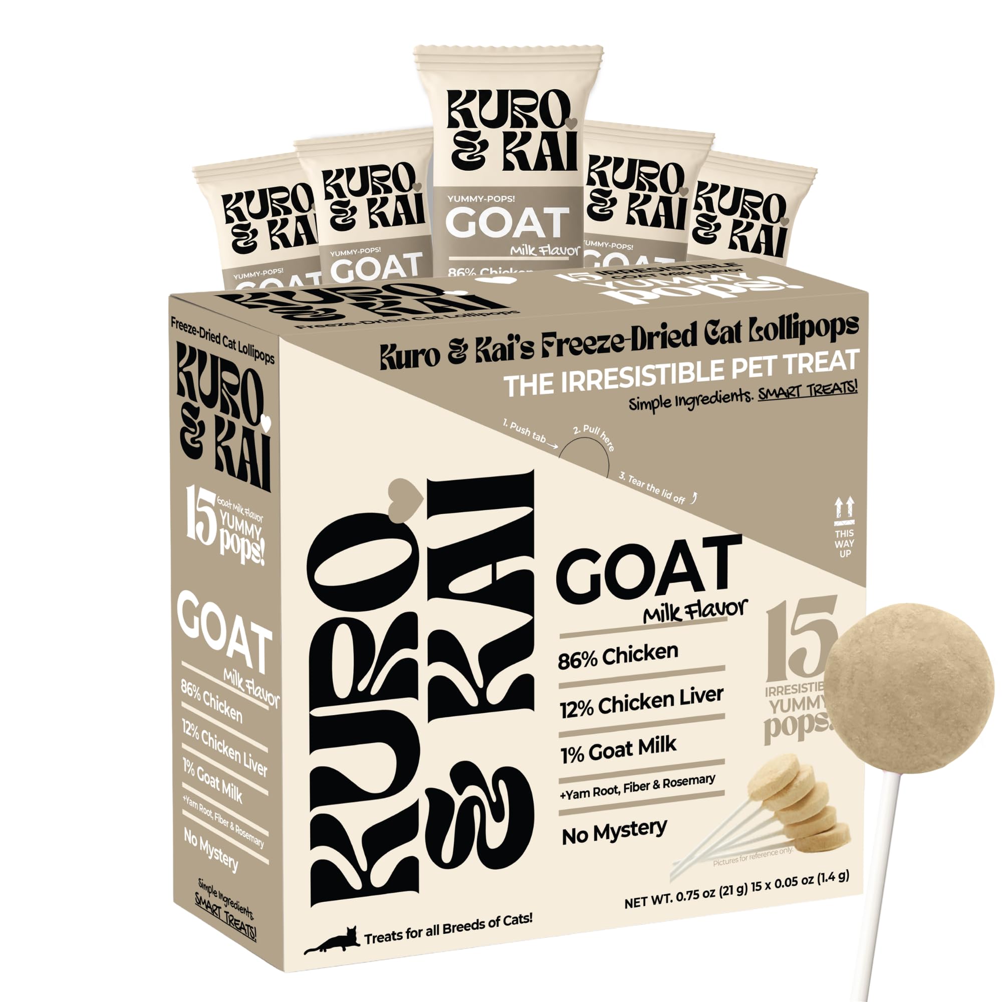 KURO &amp; KAI Freeze Dried Goat Milk Cat Treats, Chicken Lollipops, 15 Count
