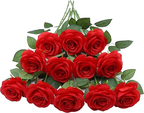 JUSMAI 12 rosas artificiales de tacto real, flores falsas con tallos largos, flores de seda para ramos de boda, centros de mesa, decoración de