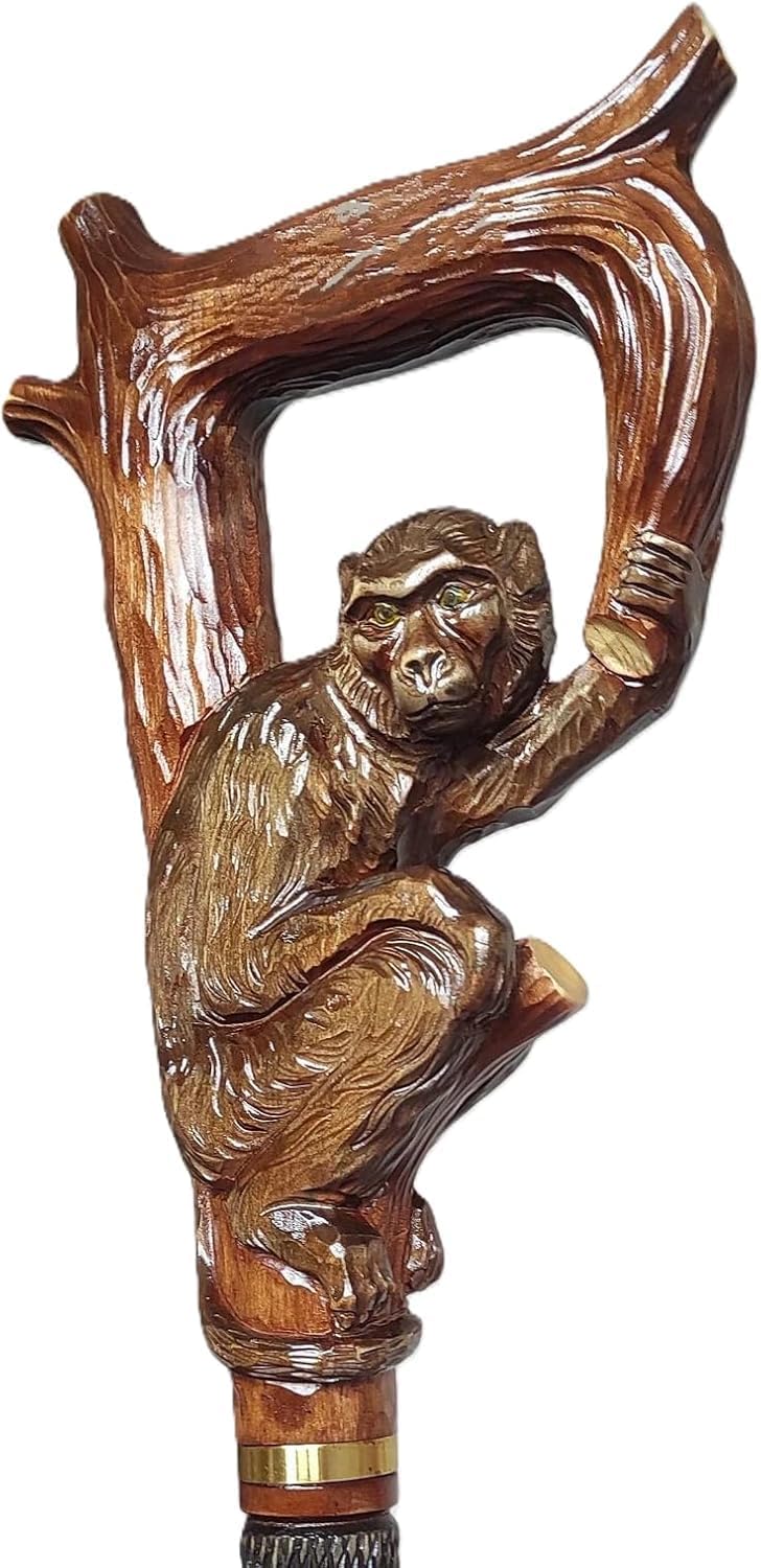 Monkey Head Wooden Hand Carved Cane, Monkey Head Cane - Premium Wooden Walking Stick, Carved Cane Beautiful Cane Walking Handle Wooden Cane For Men - The Ultimate Gift for Animal Lovers and Gentlemen