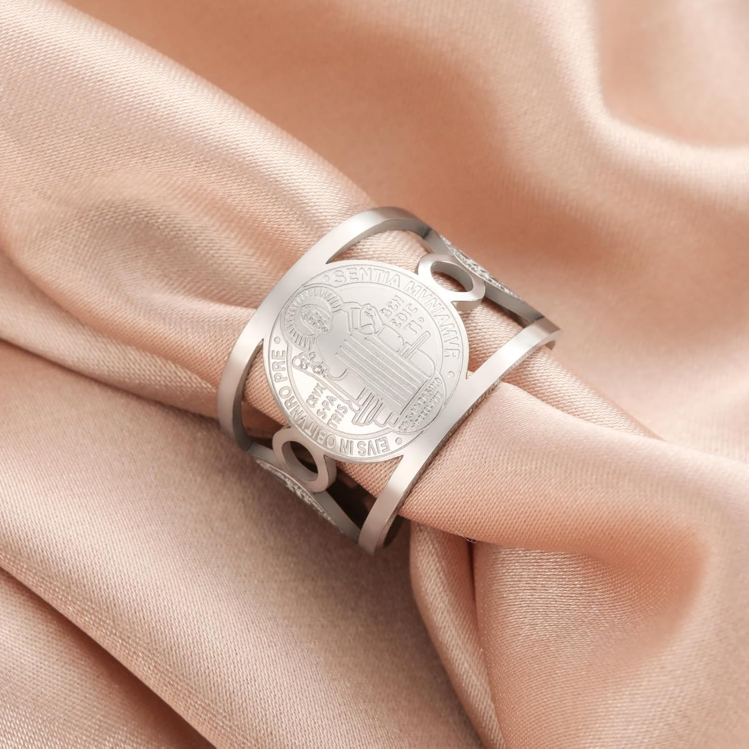 TEAMER Religious Saint Benedict Ring Stainless Steel Resizable St. Benedict Ring Catholic Christian Faith Evil Protection Amulet Jewelry For Women Men - Image 6