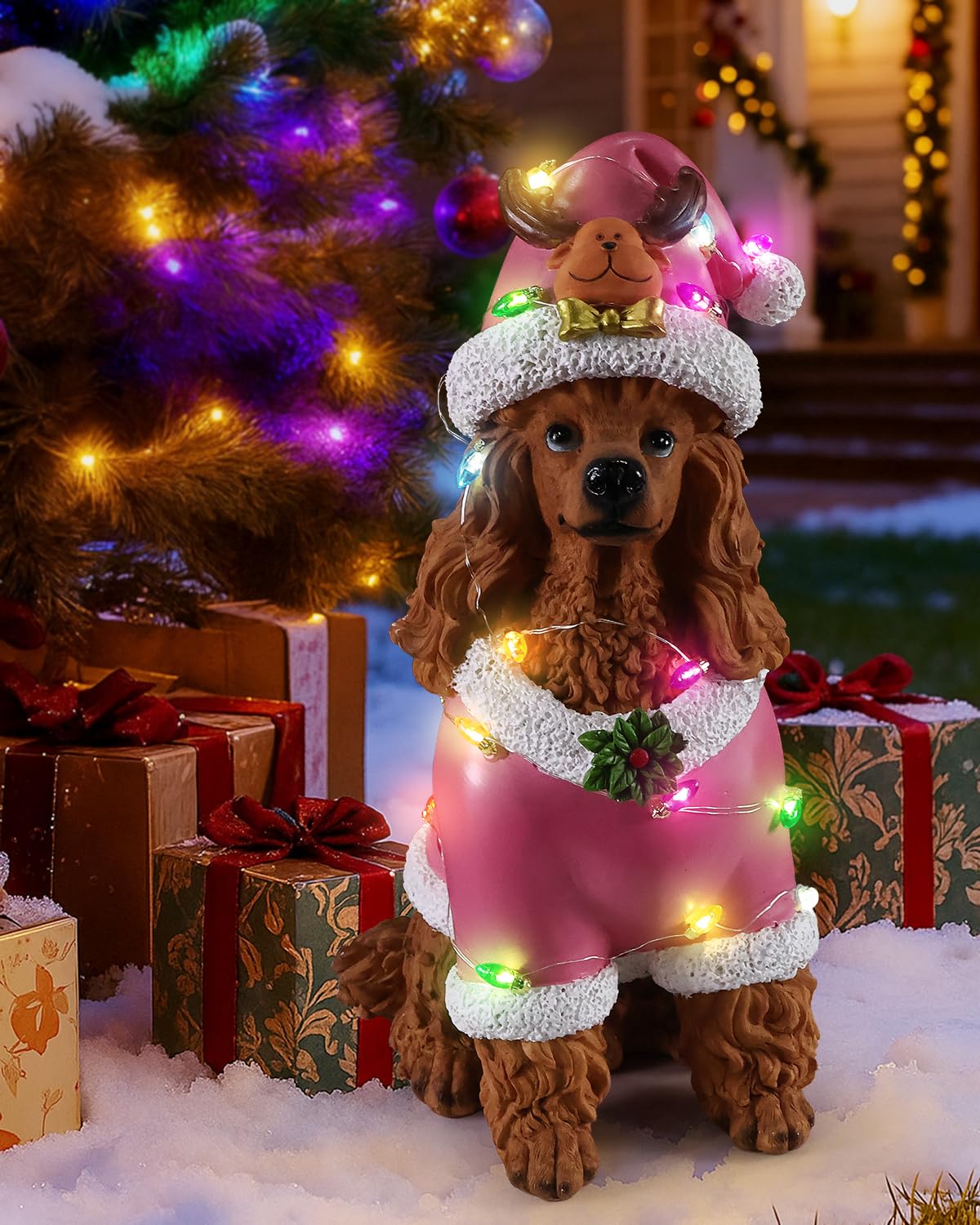 Statue de chien en résine rose pour illuminer votre jardin et votre salon à Noël