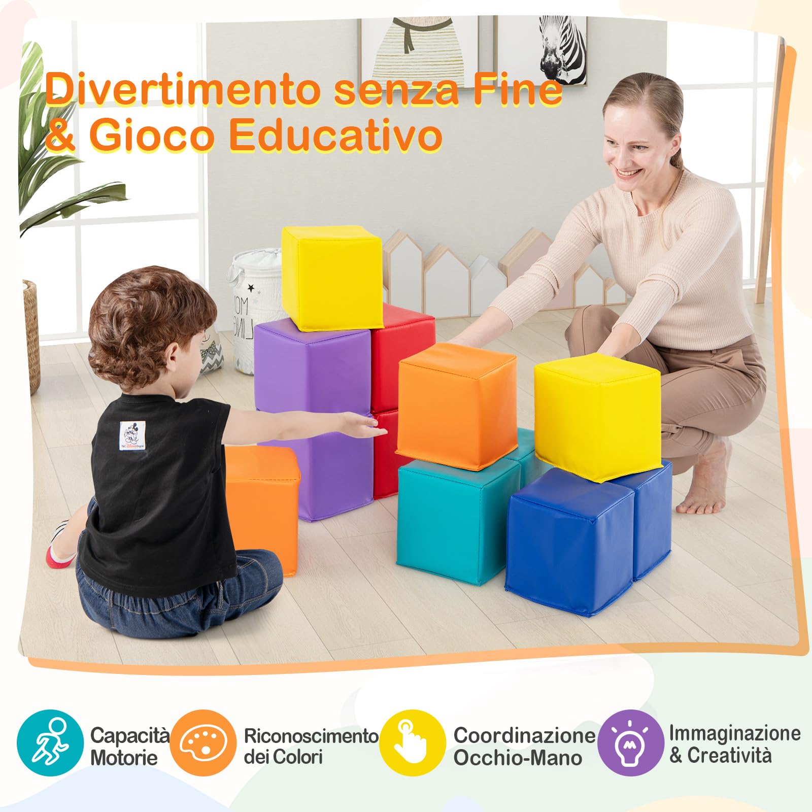 COSTWAY Set di 12 Blocchi da Costruzione in Schiuma EPE, Cubi Colorati 14 x 14 cm con Copertura in Finta Pelle Impermeabile, Blocchi Morbidi per Bambini per Impilare e Arrampicarsi (Rosso e Giallo)