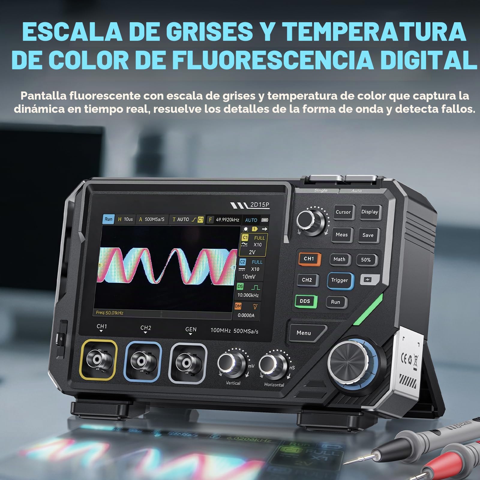 2D15P Osciloscopio, 100MHz Osciloscopio Digital Multímetro 3 en 1 Generador de Señal DDS, Pantalla Táctil de 4,3", 19’999 TRMS, Precisión de 4,5 Dígitos, Multímetro 500MSPS