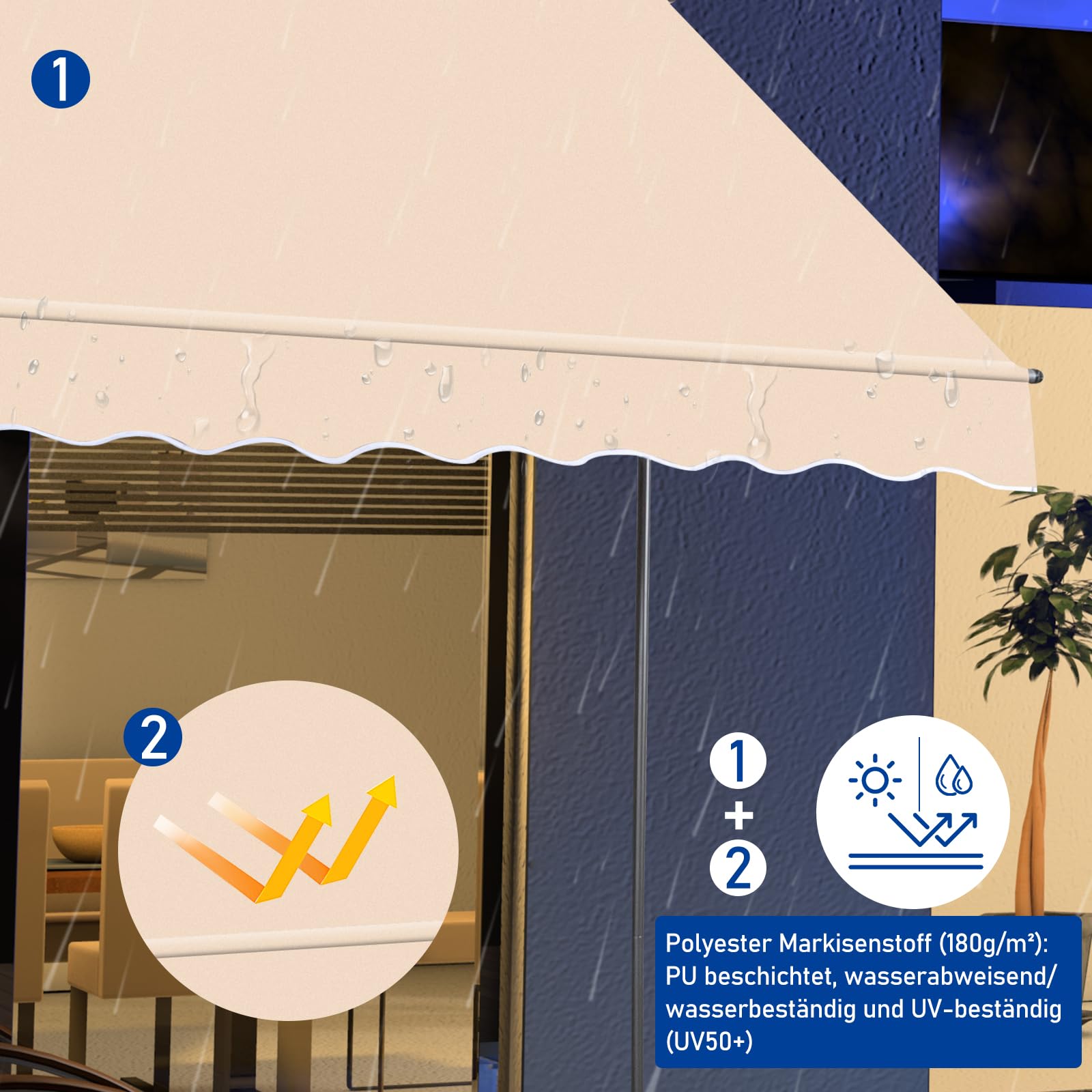 LEADZM Klemmmarkise 300 cm Breit,Balkon Markise ohne Bohren,Wasserdicht,Sonnenschutz,UV-beständig,Höhenverstellbar mit Handkurbel,für Terrasse,Balkon,Garten,Laden,Beige,Khaki