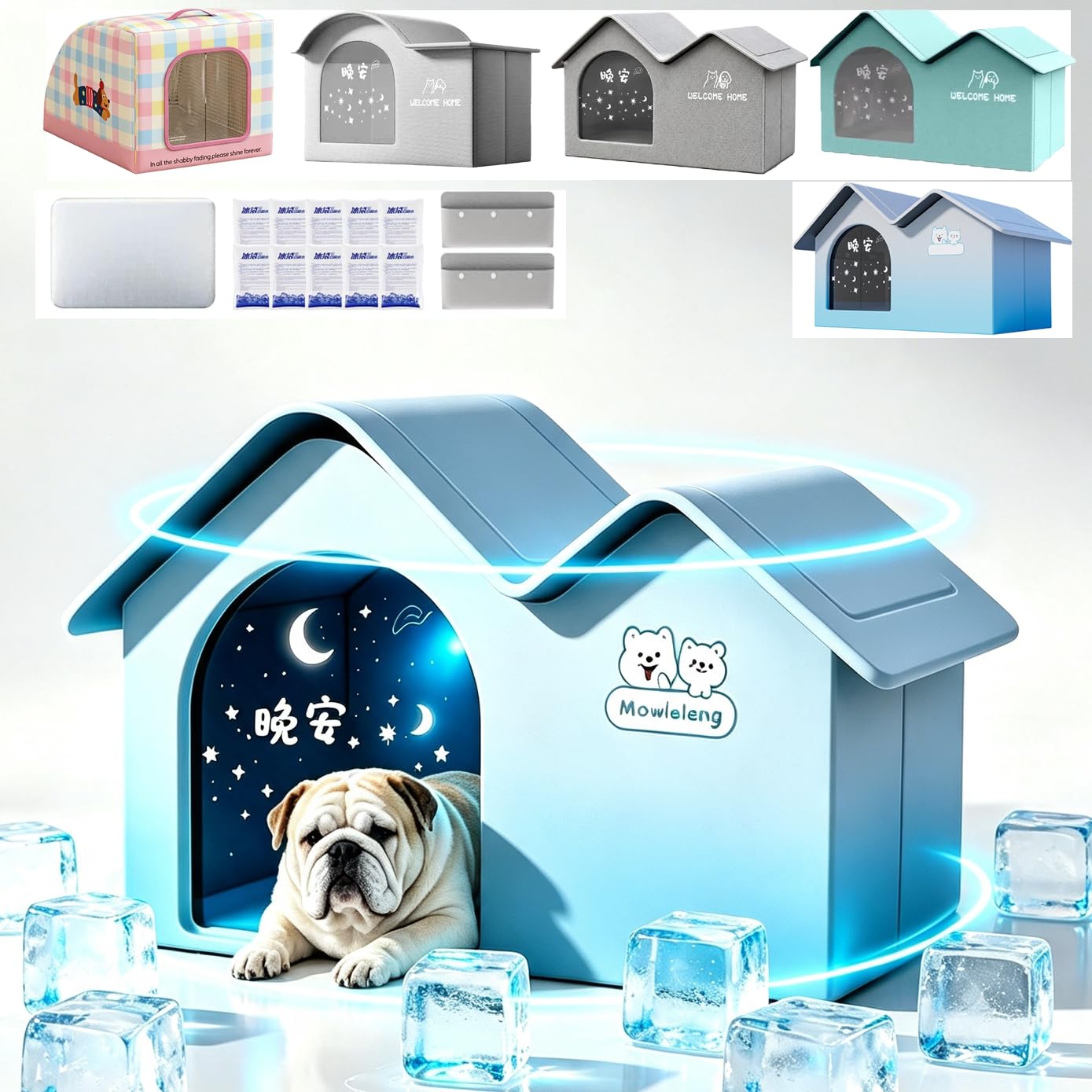All‑Season Outdoor Cat Cooling House Weatherproof，Dog Tent Cave for Indoor in Summer or Winter with Ice Packs, Door and Soft Mat, Foldable Leak‑Proof Breathable Passive Heat‑Resistant Shelter for Pets