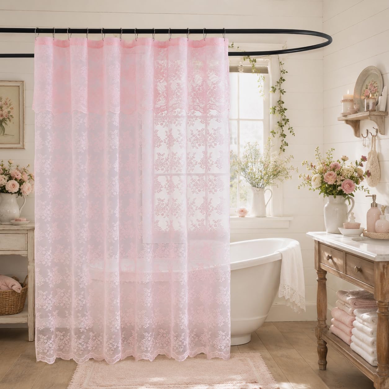 TUDECO Pink Lace Shower Curtain Long 84 Inch with Attached Valance, Floral Cute Girly 72x84 Inch Shower Curtain for Bathroom Modern Farmhouse Boho Bathroom Curtains, 72W x84 L, Pink