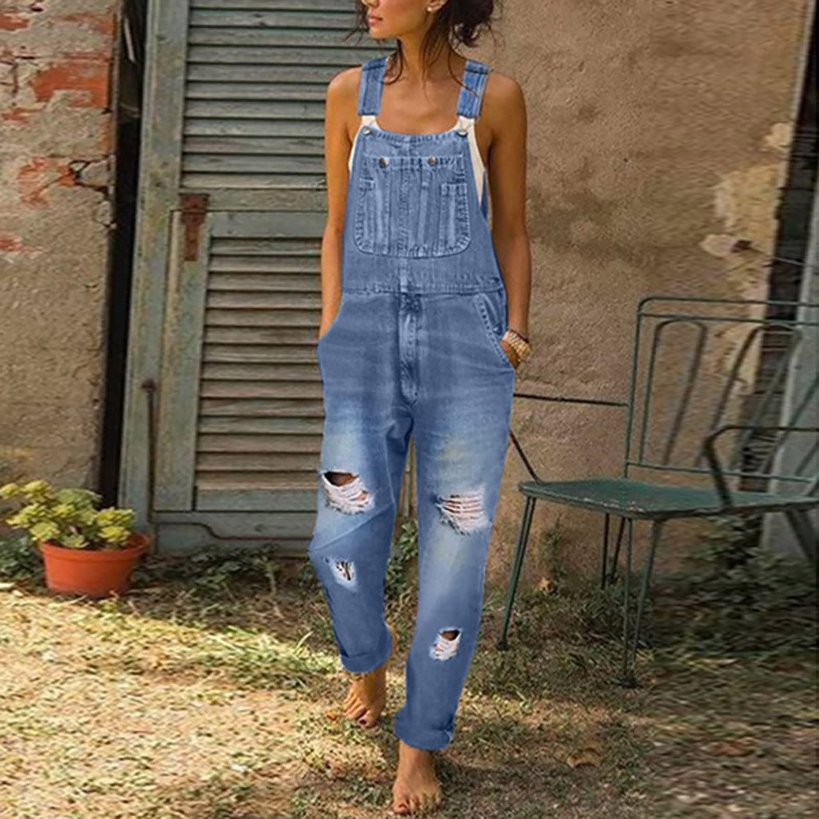 Peto para mujer, pantalones de trabajo azules, mono para mujer, de verano, largo, elegante, vaquero, elástico, de pierna recta, pantalones vaqueros con tirantes ajustables, pantalones vaqueros largos