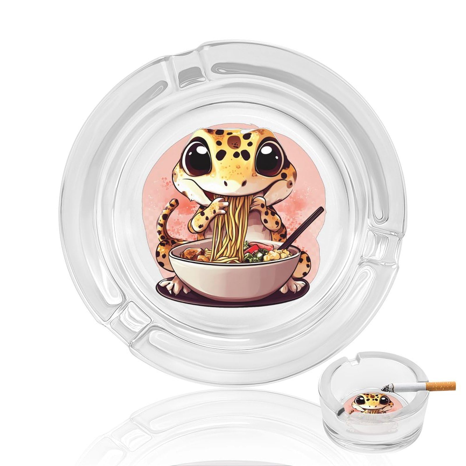 Japanese Ramen Leopard-Gecko Ashtray Portable Round Glass Outdoor Ash Tray for Home Office Garden Pub