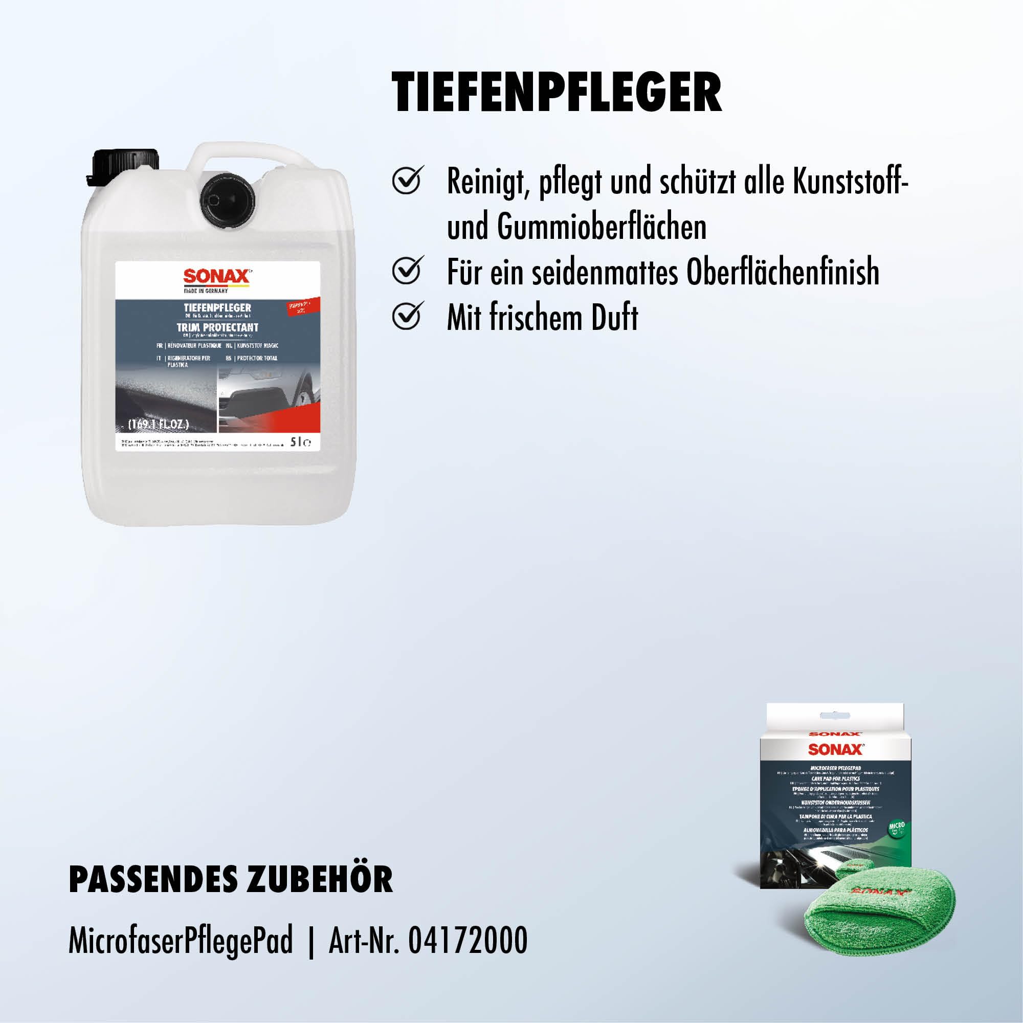 SONAX TiefenPfleger Seidenmatt (5 Liter) | reinigt gründlich Kunststoff und Gummi und hinterlässt eine pflegende seidenmatte Schicht