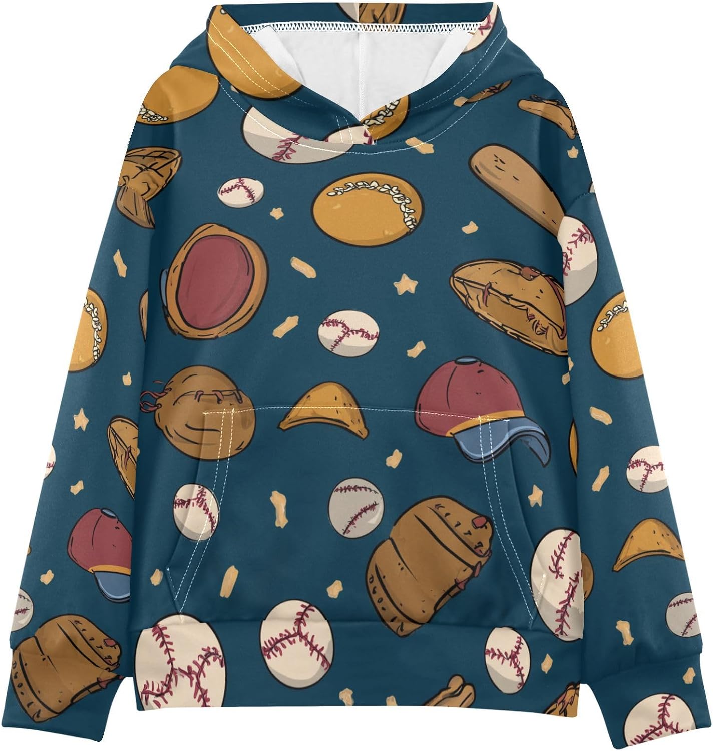 ZZXXB Cartoon Baseball Kids Sweatshirts Boys Girls Hooded Kangaroo Pocket Pullover Tops XS-XXL