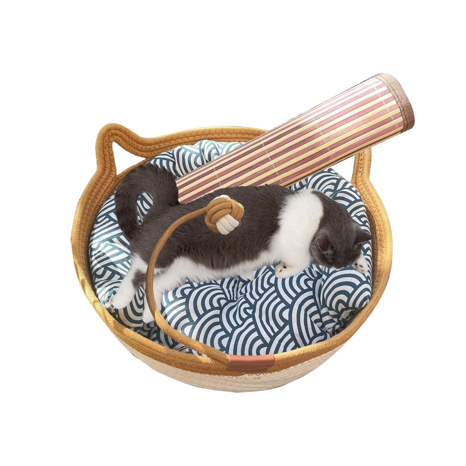 Nid de Panier de lit pour Chat, Panier de lit tissé pour Chat,Maison pour Animaux de Compagnie tissée à la Main avec Balle de Corde à Jouer | Tampon à gratter en Forme de Chaton en Lin de Coton