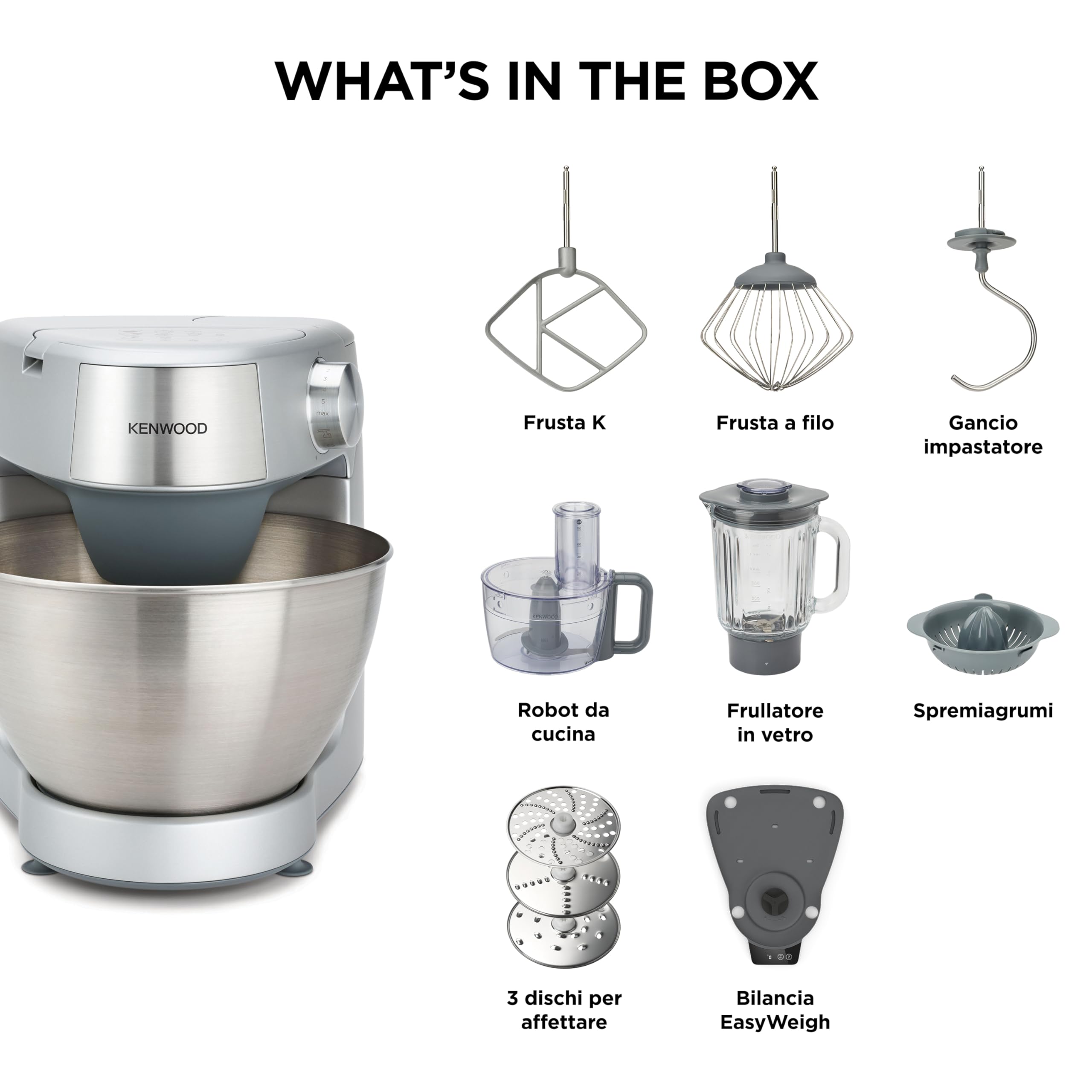 Kenwood Prospero+ KHC29A.O0SI Robot da Cucina, Ciotola in Acciaio Inox da 4,3 L, Incluso Set Accessori 10 Pezzi con 3 Ganci e Fruste, Frullatore Vetro, Food Processor 3 Dischi, Spremiagrumi e Bilancia