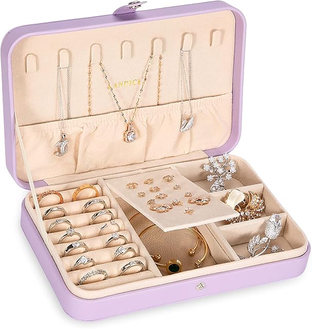 LANDICI Small Jewellery Box Organiser for Women Girls, PU Leather Travel Jewelry Storage Case, Portable Jewellery Holder Tray for Ring Earrings Necklace Bracelet, Jewelry Gift Box Kids,Lavender