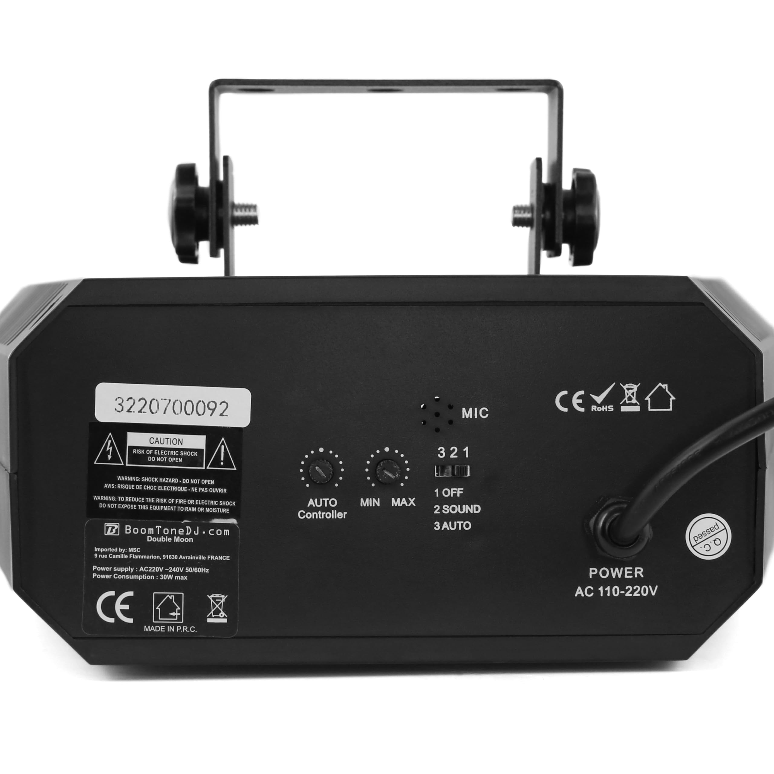 Jeu de lumière BOOMTONEDJ Double Moon,114 LEDs de 5mm RGBWA (24 rouges, 18 vertes, 36 bleues, 18 blanches, 18 ambres), Plug&Play facile à utiliser, programmes automatiques de qualité, télécommande...