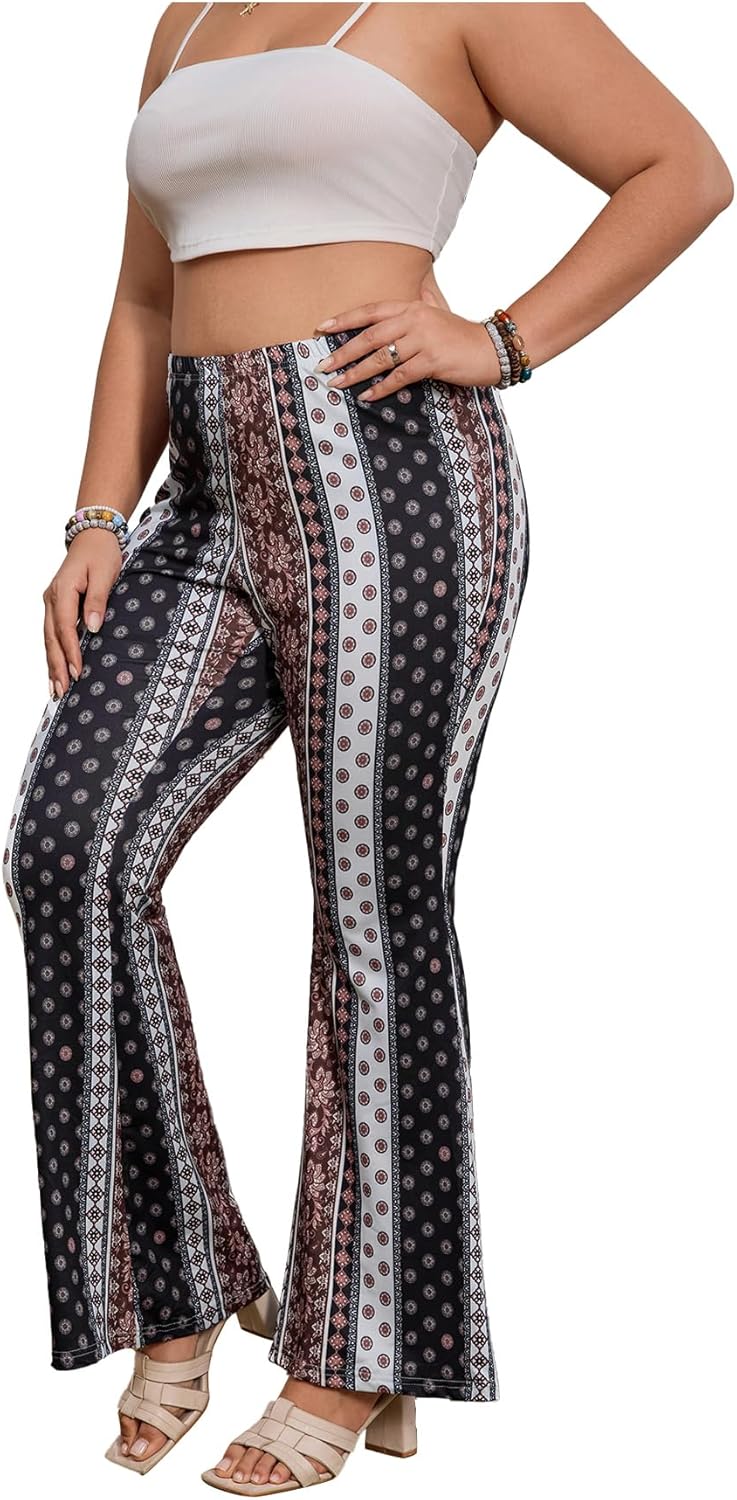 WDIRARA Women's Plus Size Boho Floral Flare Pants Elastic Waist Bell Bottom Trousers