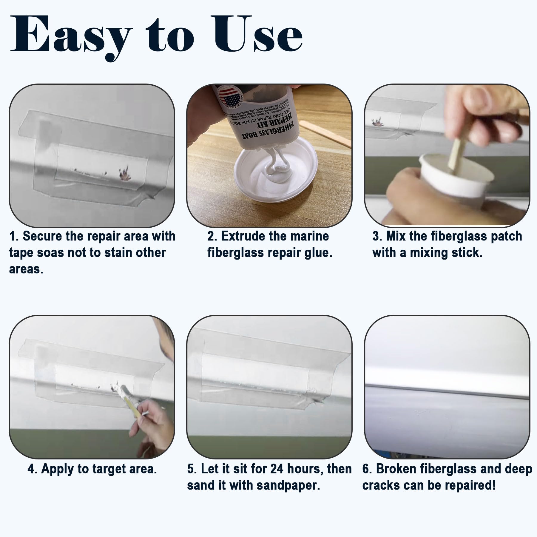 EIGTWEN Kit De Réparation De 13 Pièces En Fibre De Verre, Kit De Réparation Gelcoat De 100 Ml Pour Bateaux, Kit De Fibre De Verre Peut Réparer Rapidement Les Fissures, Les Rayures