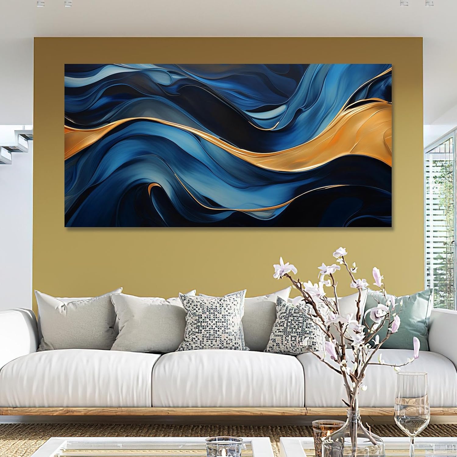 JGGXHM Blue gold foil abstract art A Large Modern Wall Art, Line Art, Home Decor, Drawing, Minimalist golden blue painting -(18x43cm) 7x17in internal frame