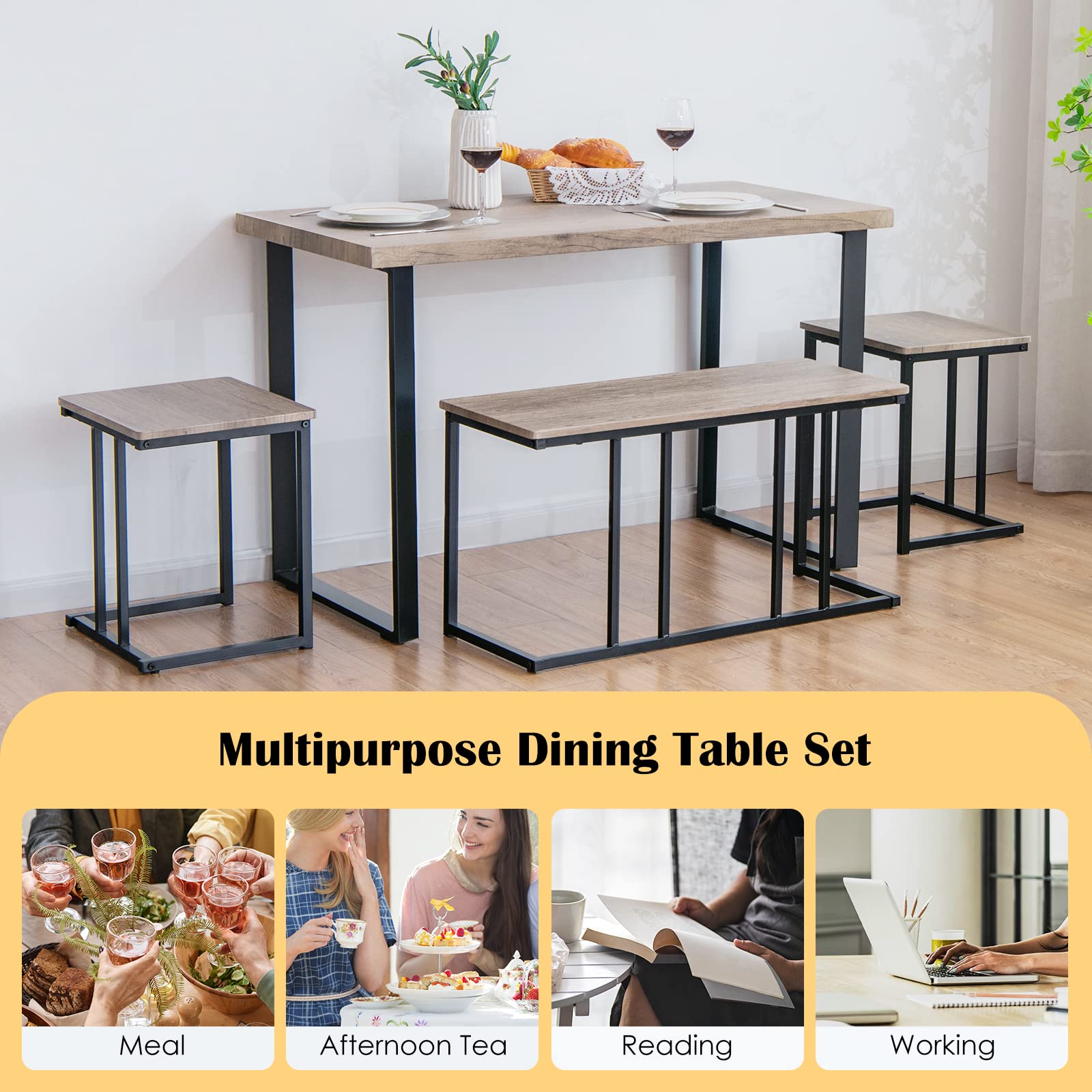 RELAX4LIFE Tavolo da Pranzo 4 Pezzi, Set Tavolo Cucina con Panca 2 Sgabelli, Tavolo da Bar con Struttura in Metallo, Gruppo Sedute per 4 Persone, Design Industriale, Rovere Grigio