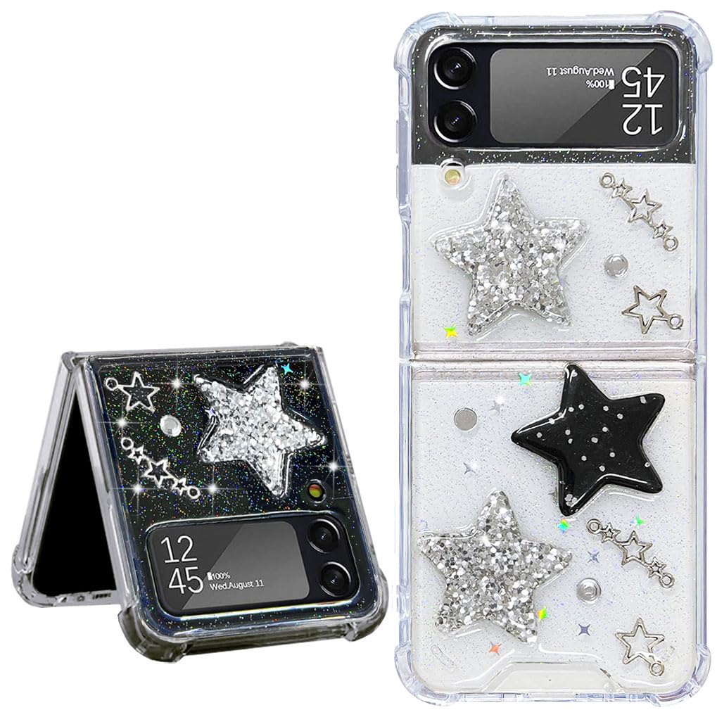 Abbery for Samsung Galaxy Z Flip 4 5G Case Clear Glitter Design Cute Space Theme Planet Stars Sparkle Shockproof Aesthetic Phone Cover for Women Girls