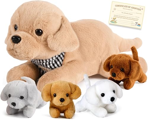Miniatura 1 de G.C 5 piezas de animales de peluche de perro para niños y niñas, tamaño grande, mamá labrador con 4 cachorros de peluche, juguete de peluche para