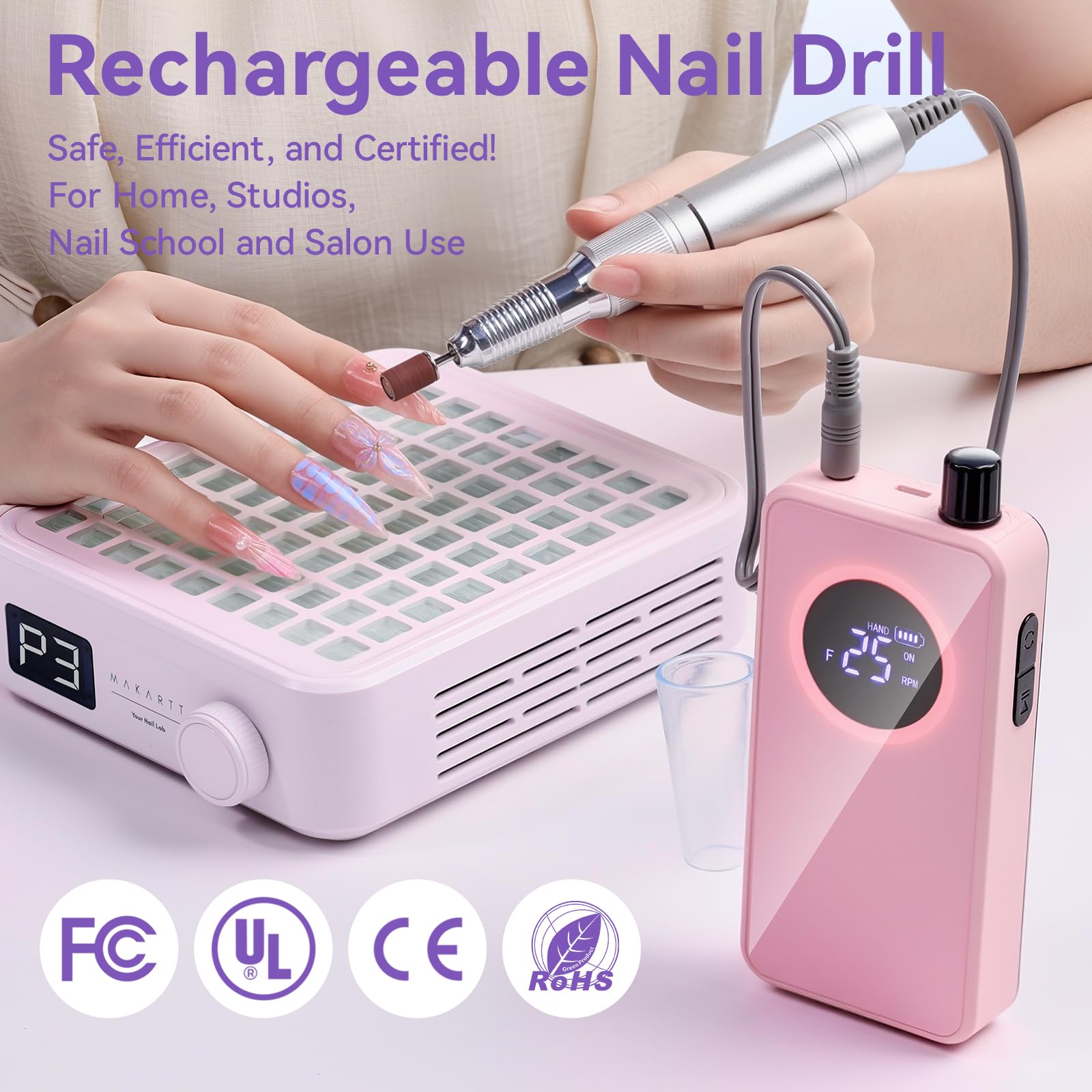 Makartt Fresa per unghie – Ricaricabile Professionale Fresa Chiodi da 35000 giri/min, set di lima elettrica per unghie e lima elettronica per vernice acrilica a immersione in polvere e gel, silenziosa
