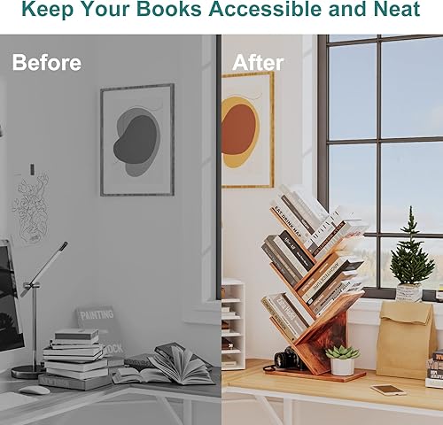 Miniatura 6 de ZRWD Estantería de árbol de 5 niveles, organizador de almacenamiento de libros, estante de almacenamiento de madera para oficina, hogar, escuela,