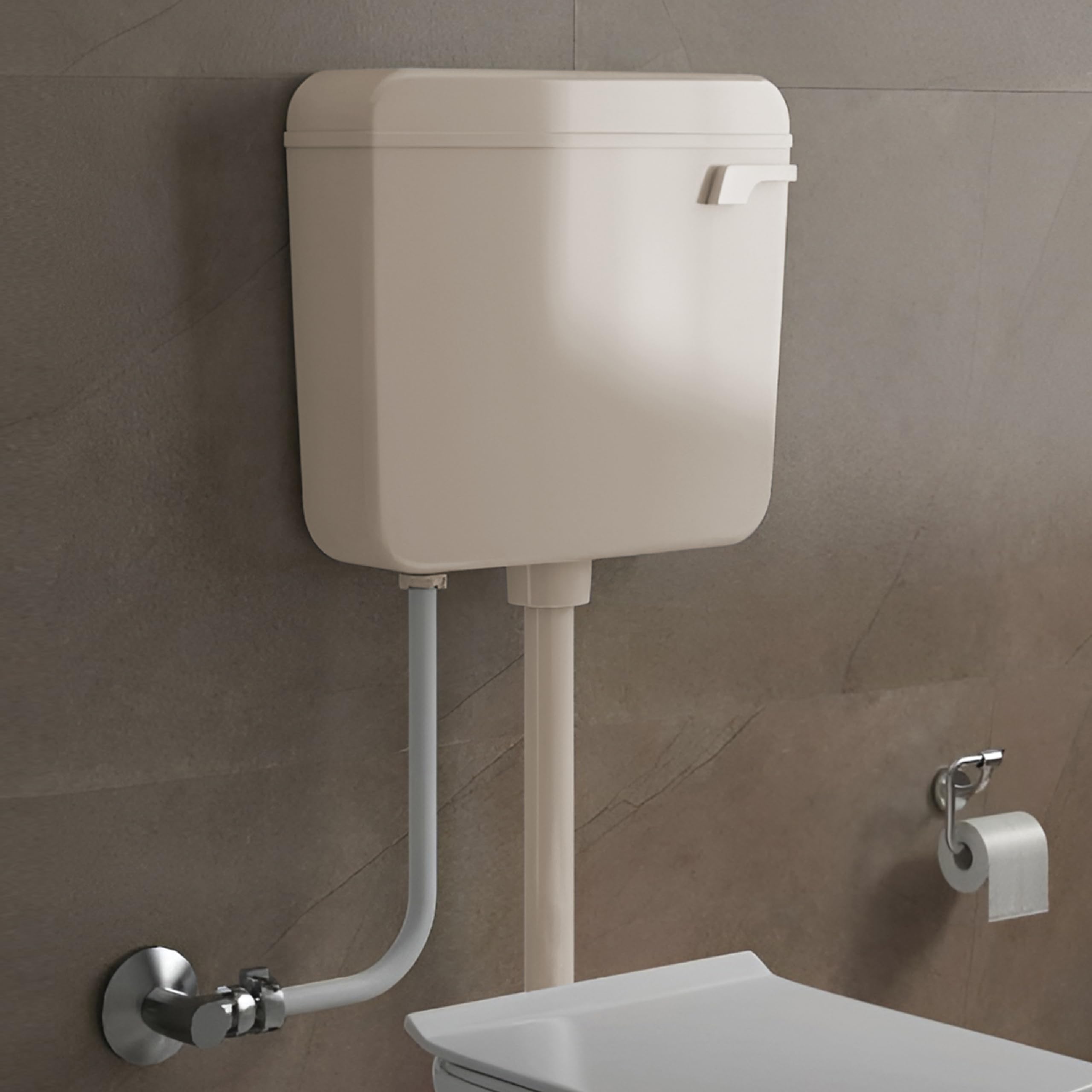 TAXAN Single Flush Tank for Toilet - 10 LTR Water Capacity – Polypropylene Smart PVC Slim Cistern - Wall Mounted, Side Handle Regular Flushing Tank with Complete Set (Dark Ivory)