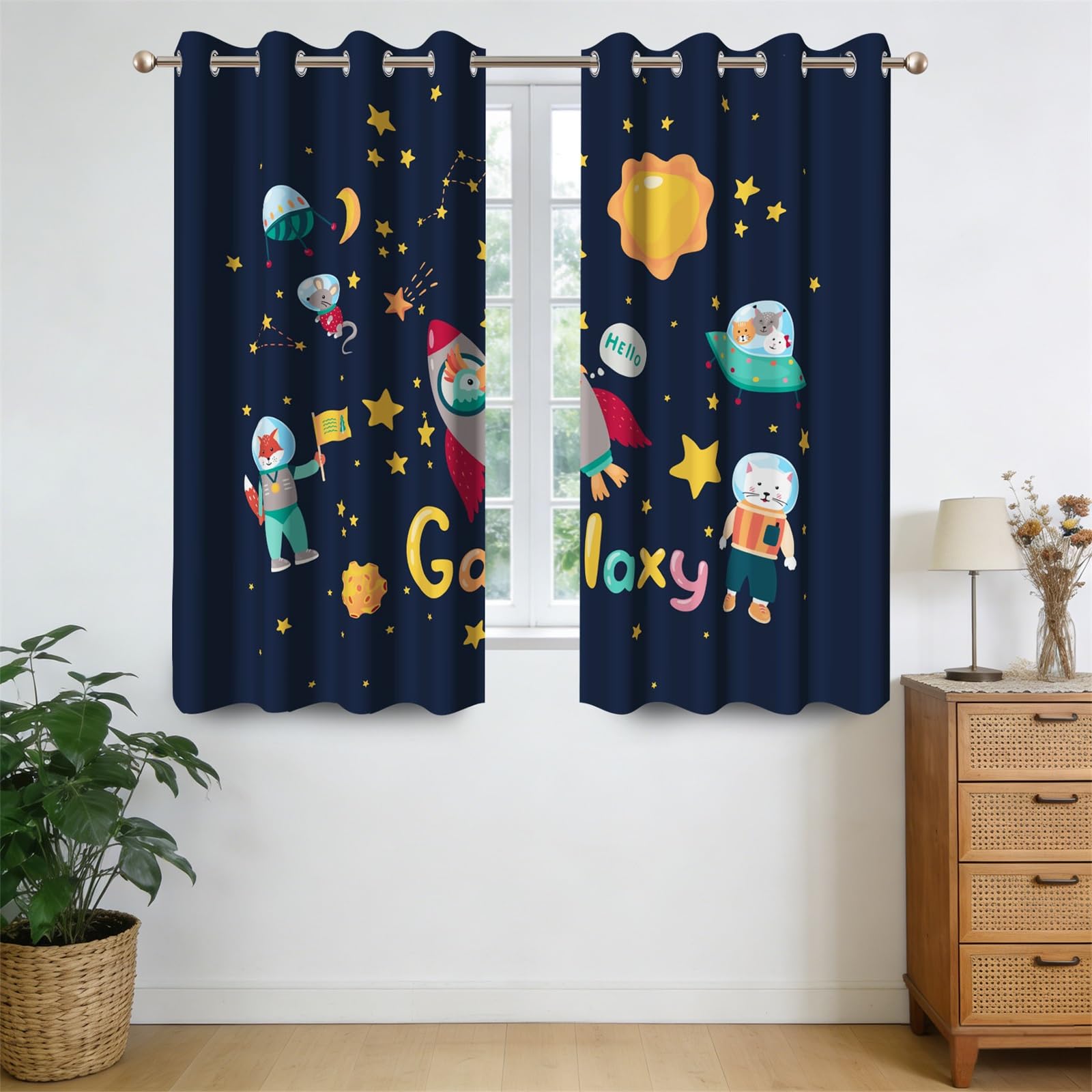 Ttincceer Galaxy Blackout Curtains for Kids Bedroom, Outer Space Universe Cartoon Animals Room Darkening Window Drapes Eyelet Thermal Insulated Window-Treatments for Boy Girl 2 Panels 140x175cm