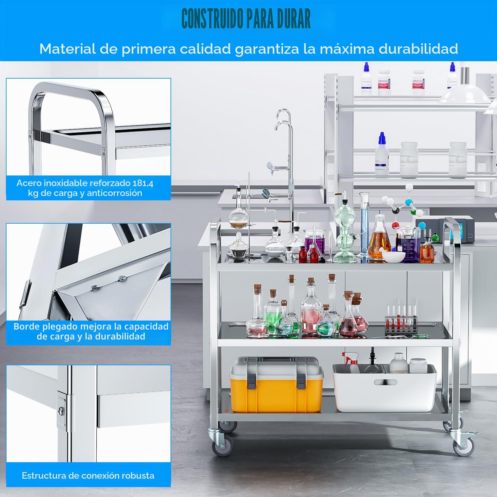 VELPAX Carro de Cocina rodante de 3 Niveles, 95x50x95 cm Carro de Cocina de Acero Inoxidable, rodante silencioso, para Almacenamiento clínico Cocina Hotel Salón de Belleza