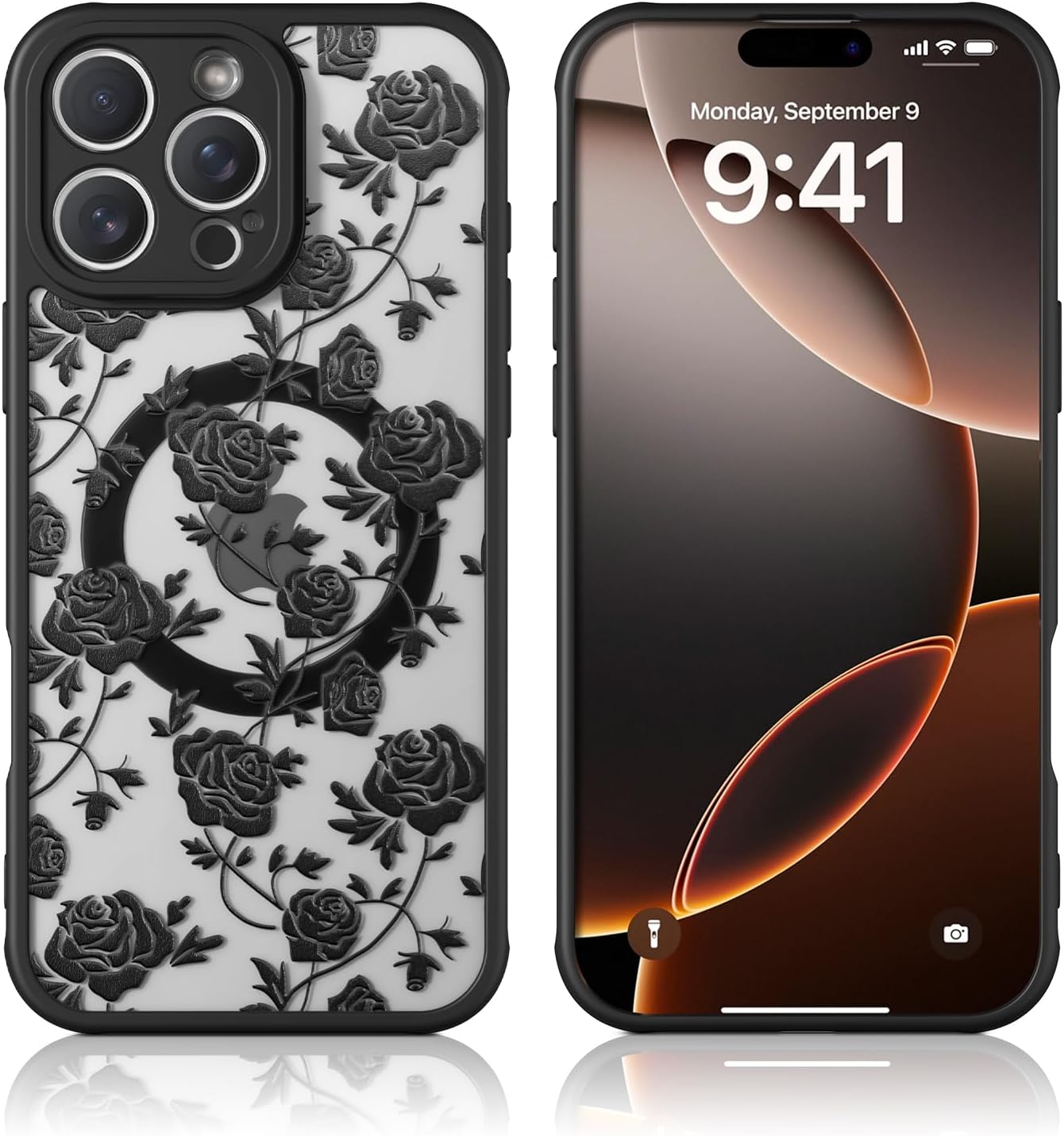 Case for iPhone 16 Pro Max [Compatible with MagSafe] Aesthetic Black Rose Goth Design for Women Girls | Soft TPU Bumper Hard PC Back Translucent Matte Protective Slim Magnetic Phone Cover - Image 8