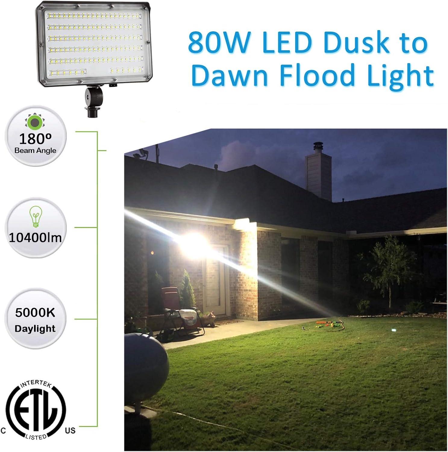 80W Outdoor LED Flood Light Dusk to Dawn, 5000K 10400LM AC100-277V 800W HID Equivalent,ETL Listed IP65 Waterproof Knuckle Mount Floodlight with Plate for Yard Garage