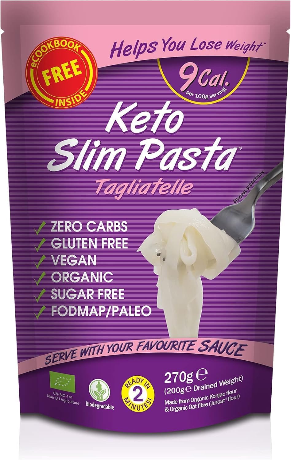 Slim Tagliatelle Pasta (Pack of 20 x 270g) Organic Konjac Flour & Oats Shirataki Pasta, Zero Carb, Low Calorie, Gluten, Fat & Sugar Free, Vegan High Fibre Ready to Eat, Paleo Diet Friendly