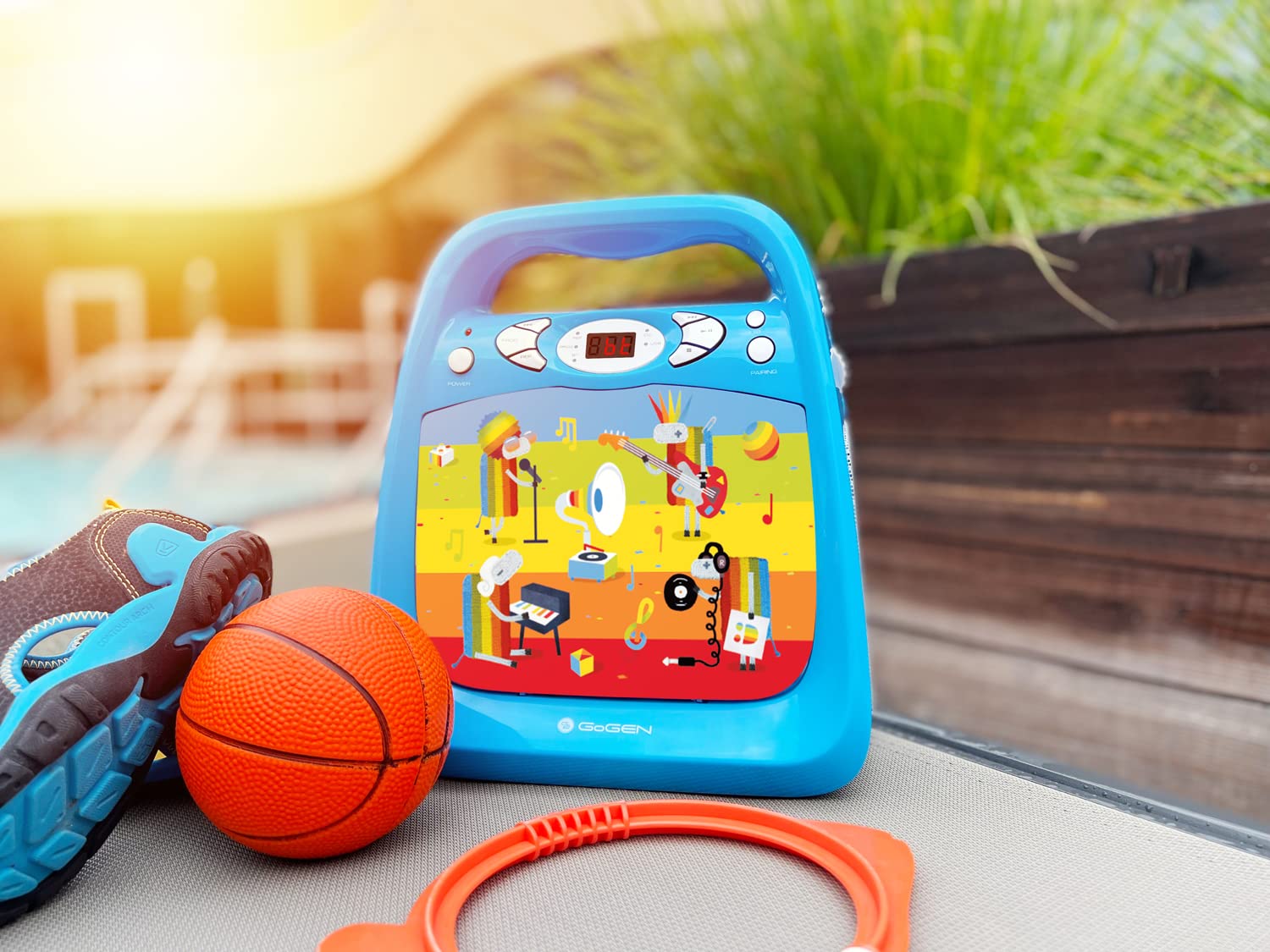 GOGEN Karaoke per bambini e lettore CD, USB I MP3, microfono incluso, uscita per cuffie, portatile, batteria o alimentatore di rete, Bluetooth, prodotto per bambini, blu