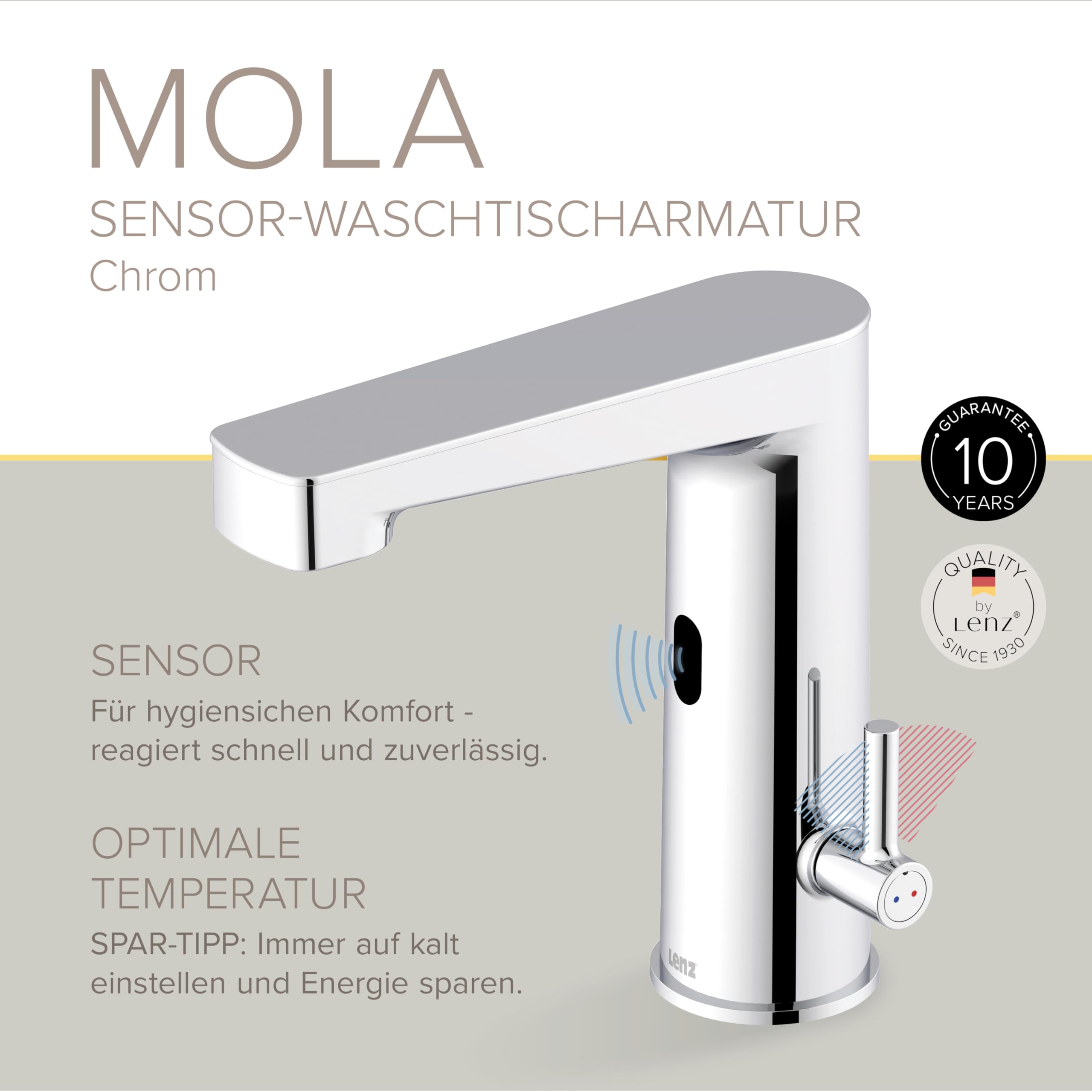 Lenz Waschtischarmatur MOLA Chrom – moderne Sensorfunktion für mehr Hygiene im Bad – einfache Installation und hochwertige Verarbeitung - 46020502 | Sensorarmatur mit einstellbarer Temperatur, Verstellbare Markenmischdüse, Inkl. Easy Clean Pop-Up Ventil -