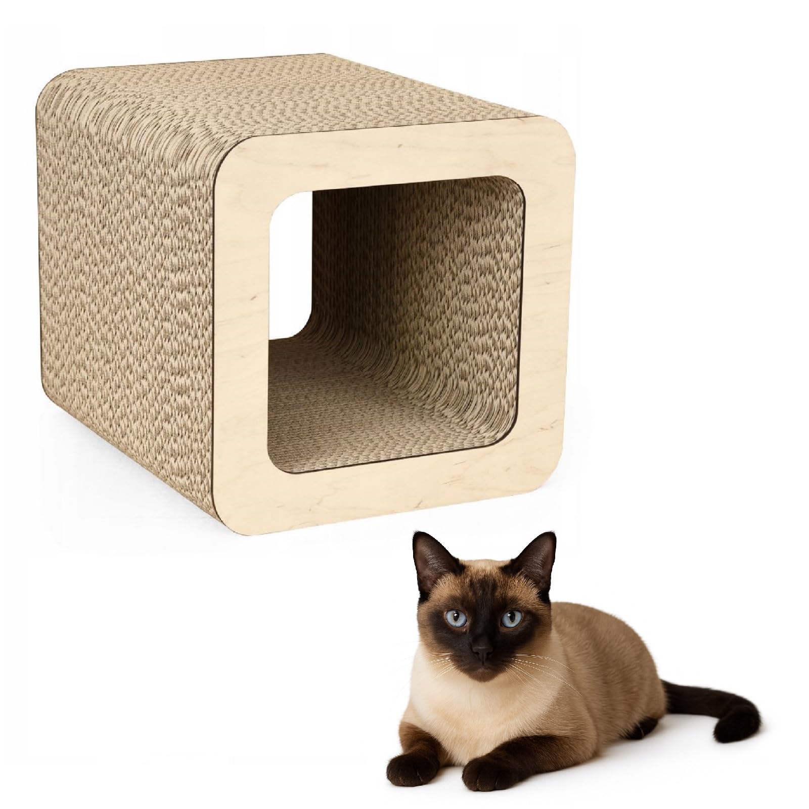 QLS Katzenmöbel aus Wellpappe – 37×30×30 cm – Kratzbrett, Katzenhöhle, Liegeplatz in Beige