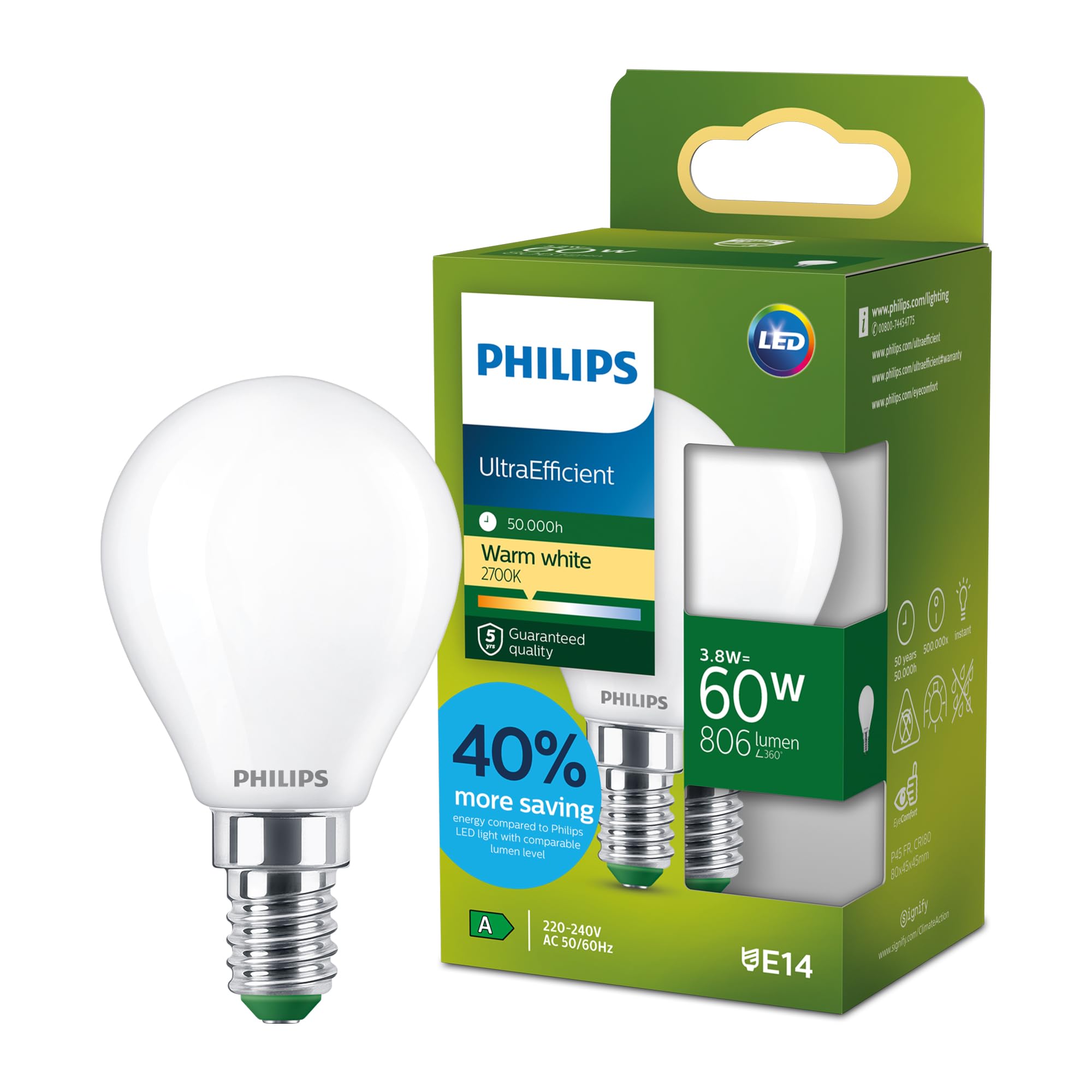 Philips LED UltraEfficient Frosted P45 Bulb, E14 Small Edison Screw, Energy Class A, 806 lm, 60W Equivalent, Warm White (2700K), EyeComfort, 50,000 Hours, 1 Pack