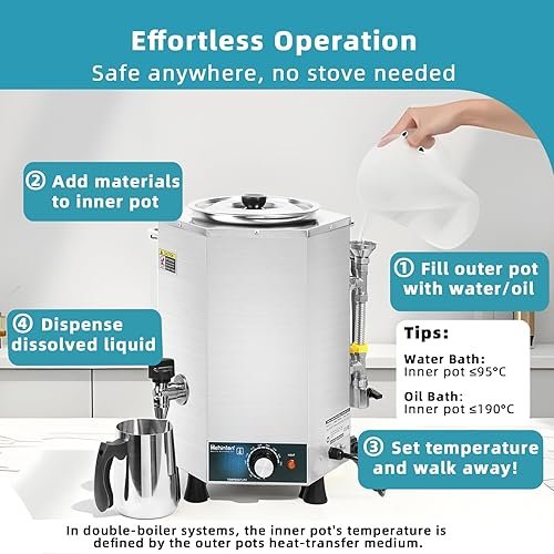 Miniatura 6 de Hehinton Caldera doble profesional de 8.3 cuartos para fusión de chocolate, cerajabón, fundidor eléctrico de acero inoxidable de grado alimenticio