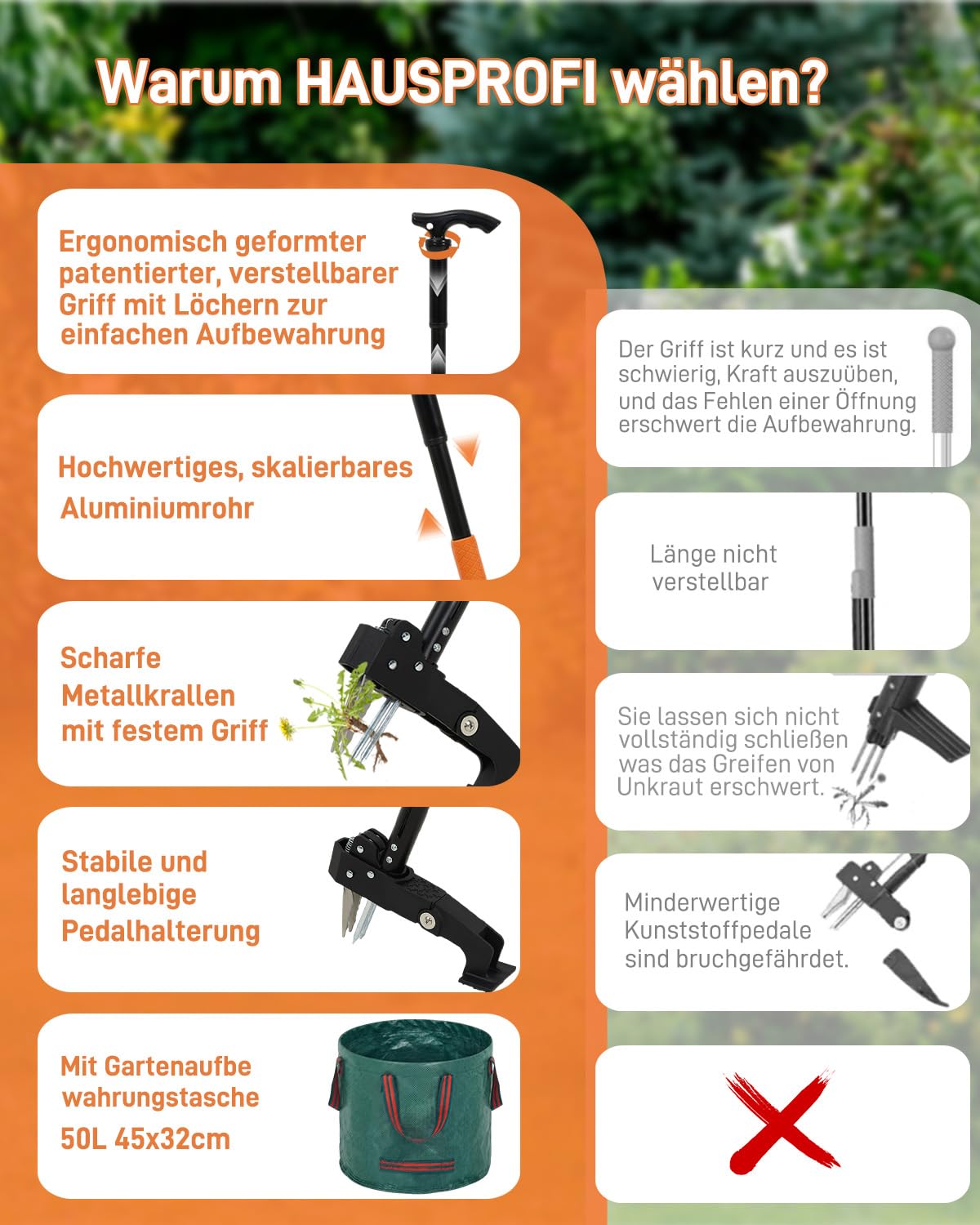 HAUSPROFI Teleskop-Unkrautstecher mit langem Stiel (91-118cm), 50L Gartensack, Unkrautentferner mit 4 Edelstahlkrallen für effizientes Entfernen von Unkraut, Automatischer Rücksprungmechanismus